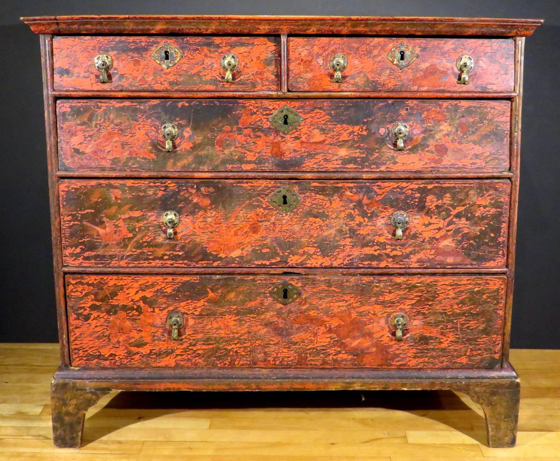 A highly decorative George I Period japanned chest of drawers, showing an overhanging top over four tiers of short & full width drawers with stylistically correct albeit later hardware, raised overall atop bracket supports. Originally constructed &