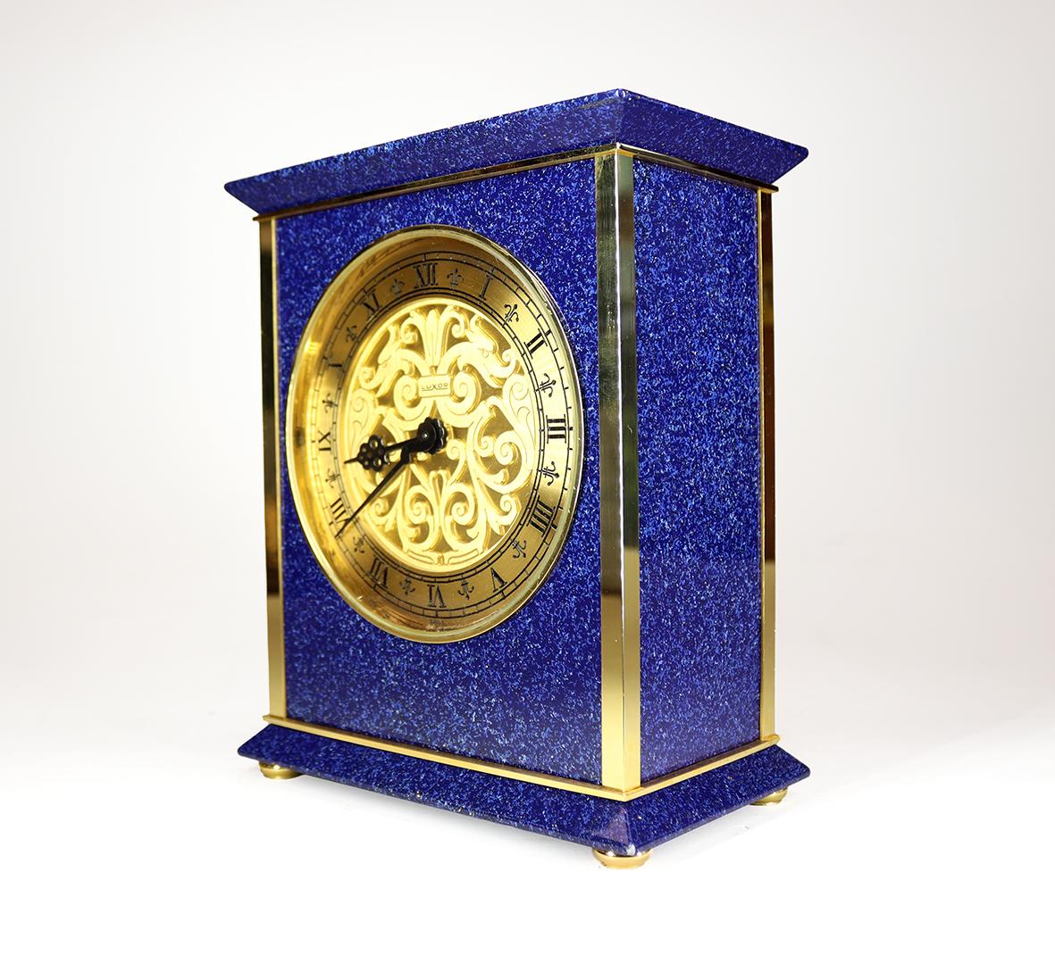 Mid-Century Modern A Striking Mantel Clock by Luxor, in a Lapis Blue and Gilt Case For Sale