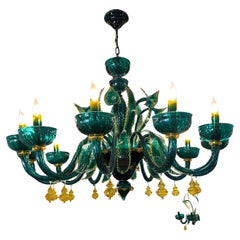 A striking Murano glass emerald green and Amber yellow chandelier & sconces