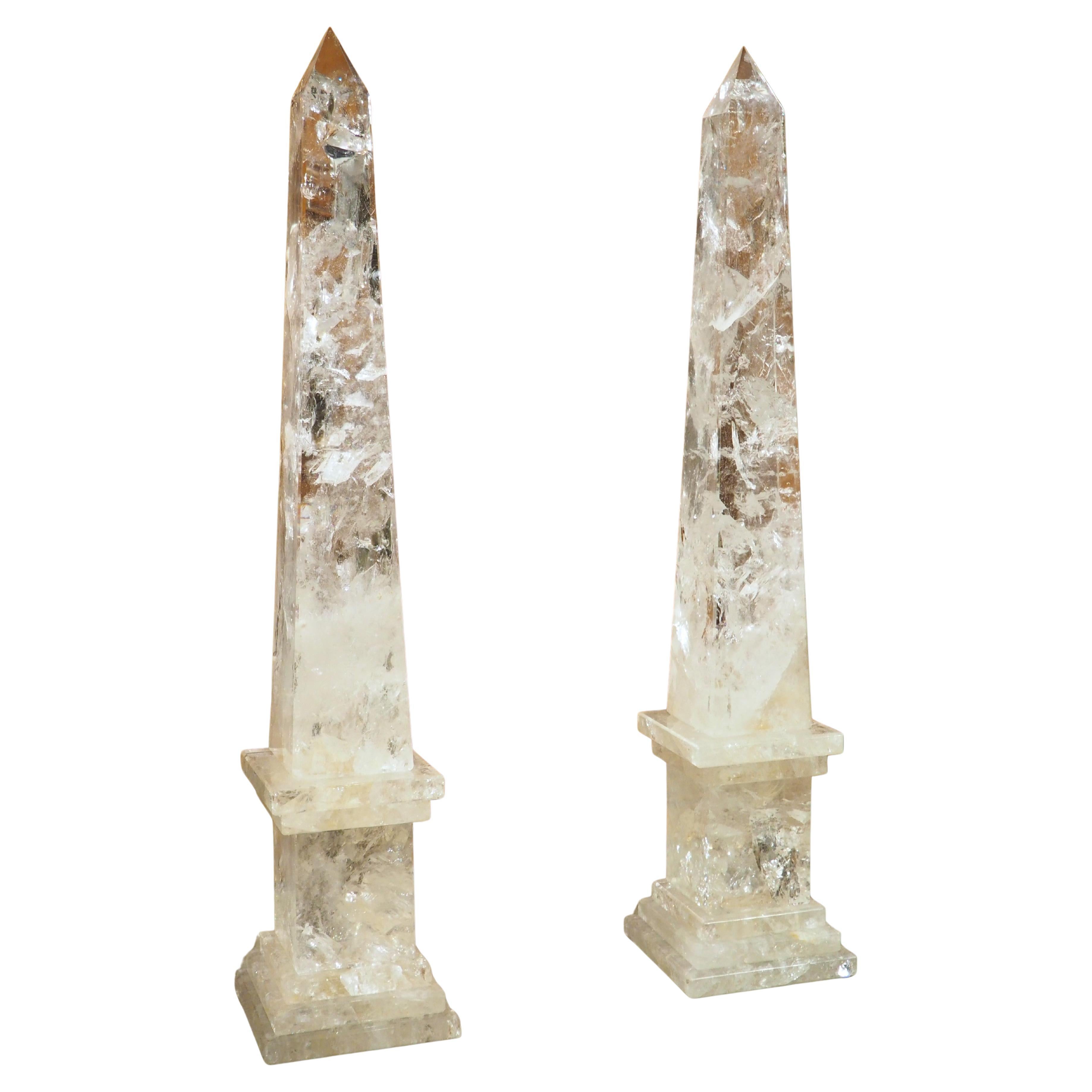 A Striking Pair of 32 inch Tall Rock Crystal Obelisks, 20th Century