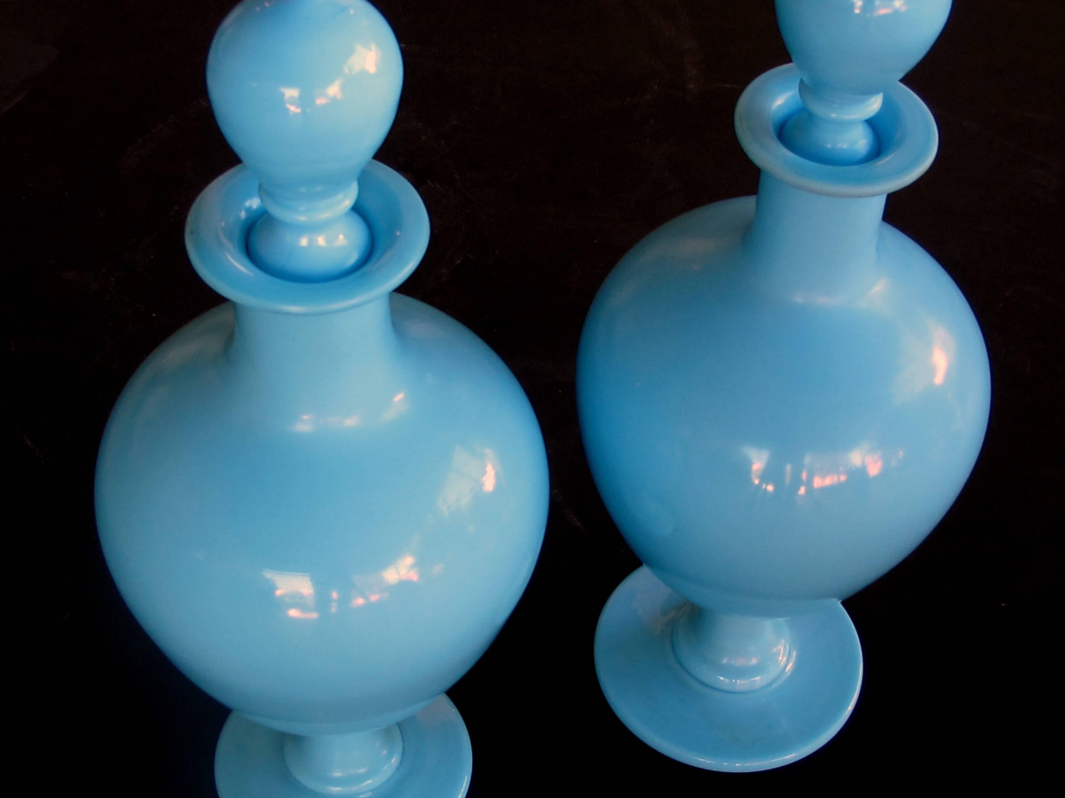 Louis Philippe Striking Pair of French Antique Pale Blue Opaline Decanters