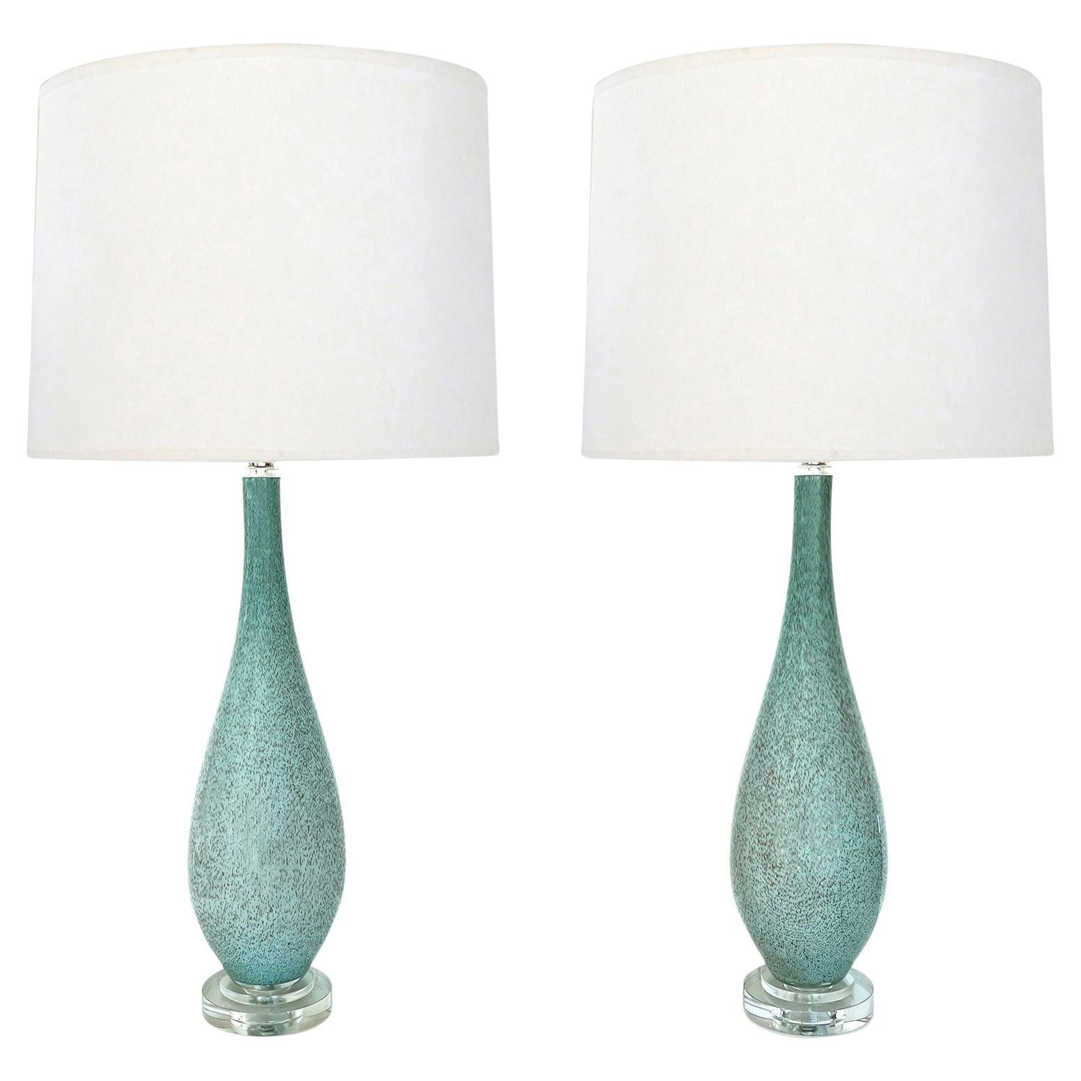 A Striking Pair of Murano 1980s Sea-foam Green Bottle-form Lamps