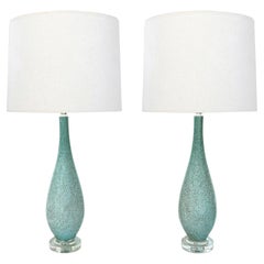 A Striking Pair of Murano 1980s Sea-foam Green Bottle-form Lamps