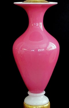 Striking Pair of Murano Midcentury Pink Cased-Glass Baluster-Form Lamps