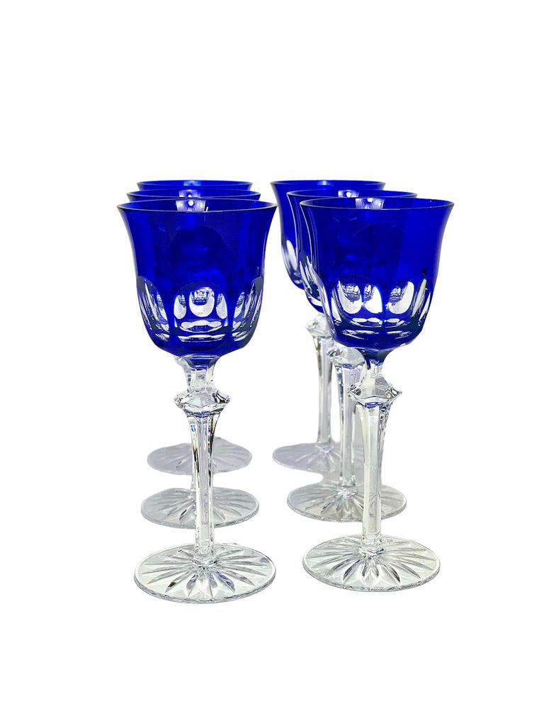 Striking Set of Six French Blue Overlay Crystal Rhine Wine Glasses at
