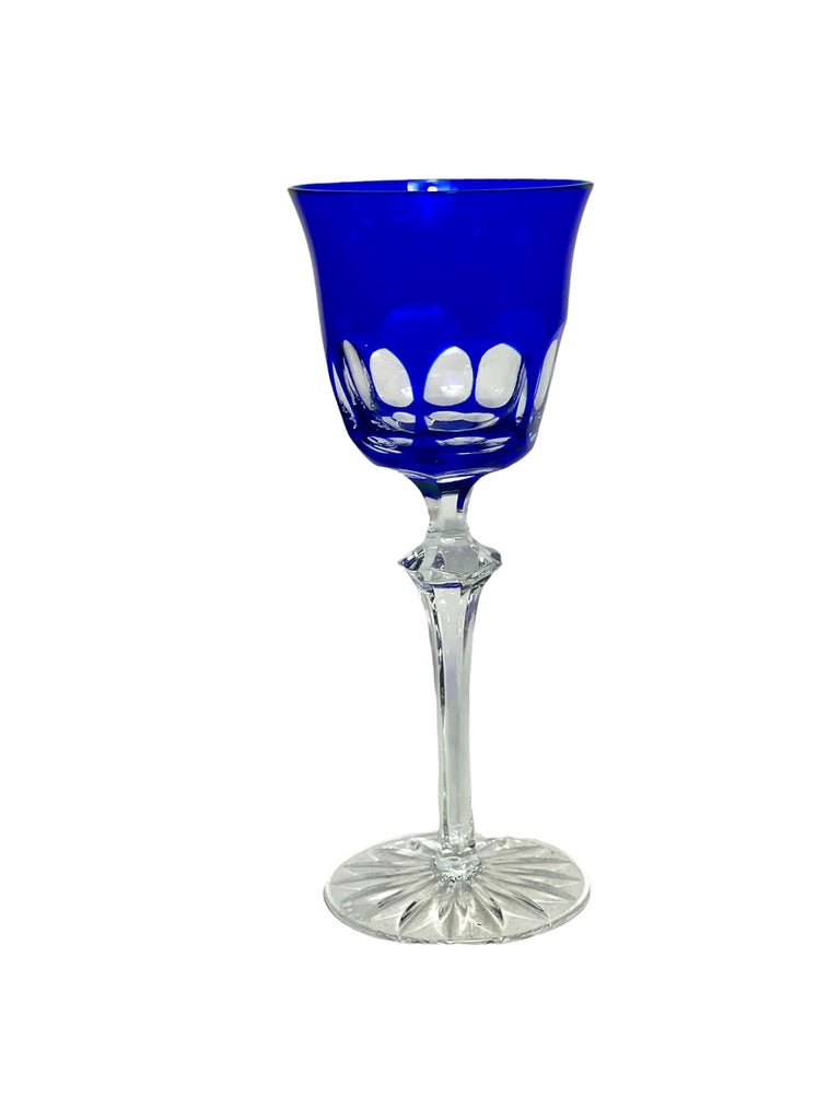 Striking Set of Six French Blue Overlay Crystal Rhine Wine Glasses at