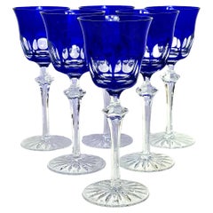 Vintage Striking Set of Six French Blue Overlay Crystal Rhine Wine Glasses