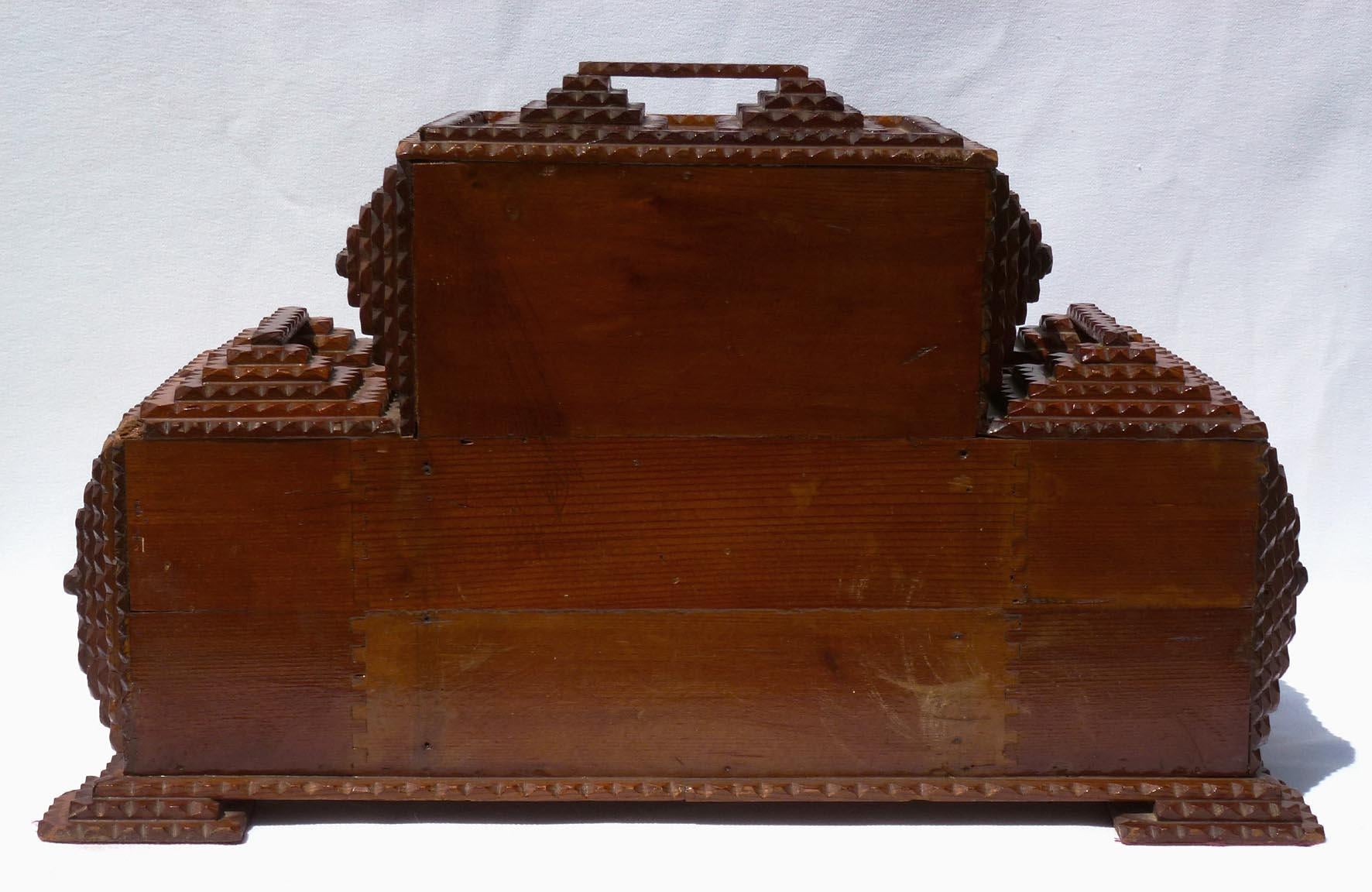 Striking Tramp Art Box with Seven Drawers, Decorative Handles, Built Up Feet For Sale 9
