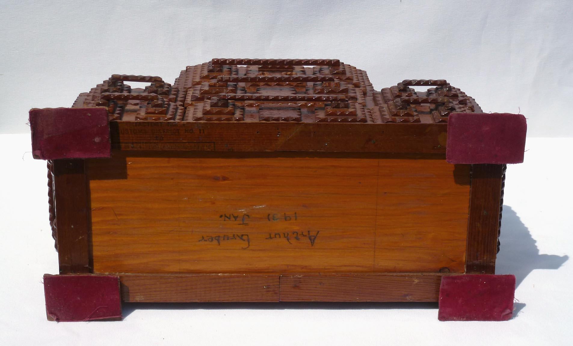 Folk Art Striking Tramp Art Box with Seven Drawers, Decorative Handles, Built Up Feet For Sale