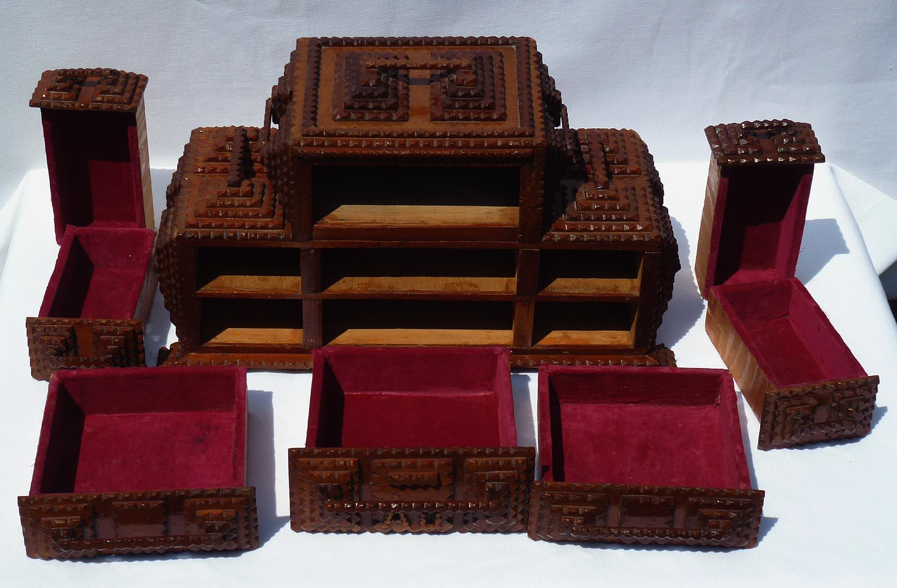 Striking Tramp Art Box with Seven Drawers, Decorative Handles, Built Up Feet For Sale 1