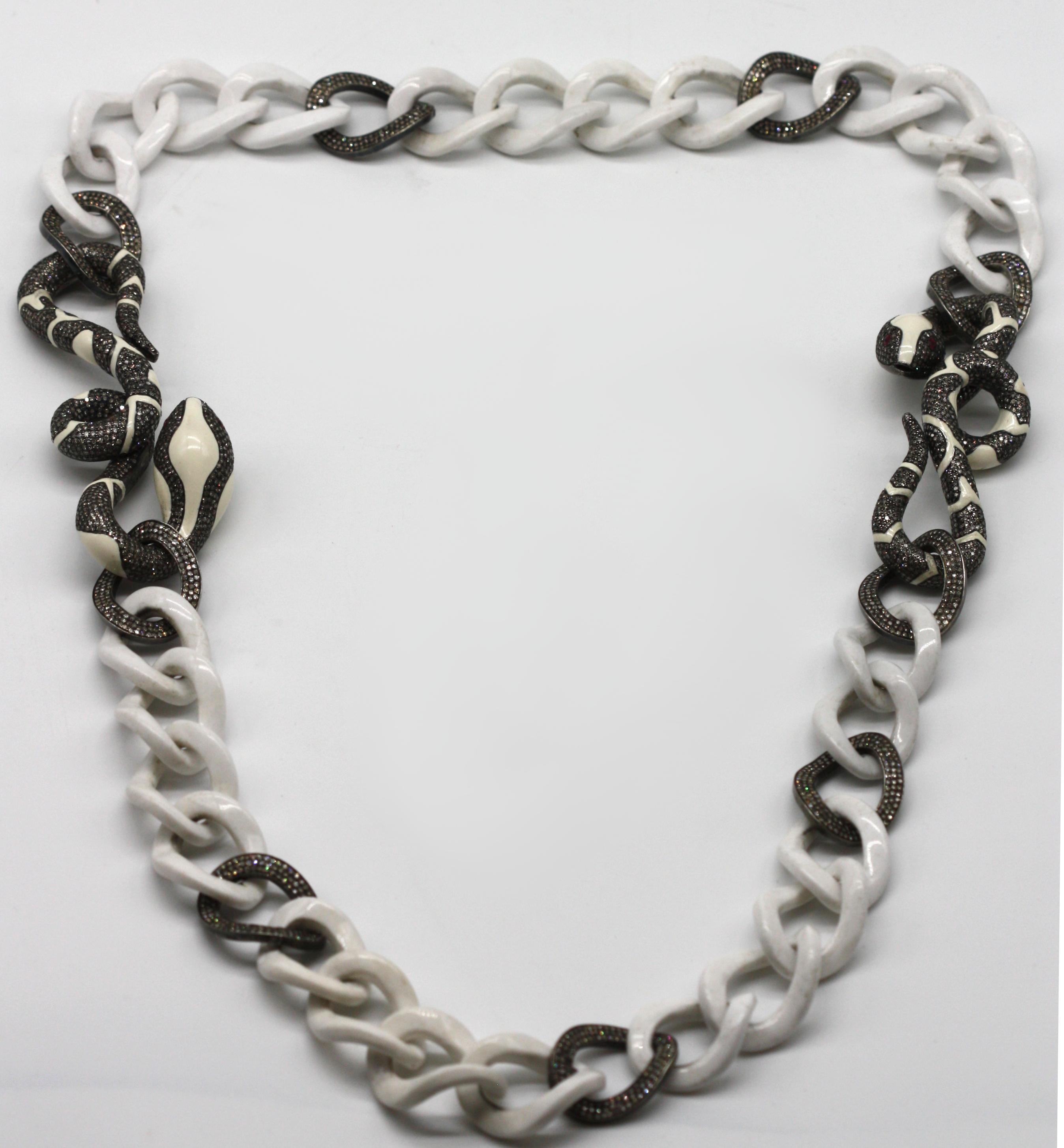 Round Cut A Striking White Ceramic and Diamond Serpent Necklace For Sale