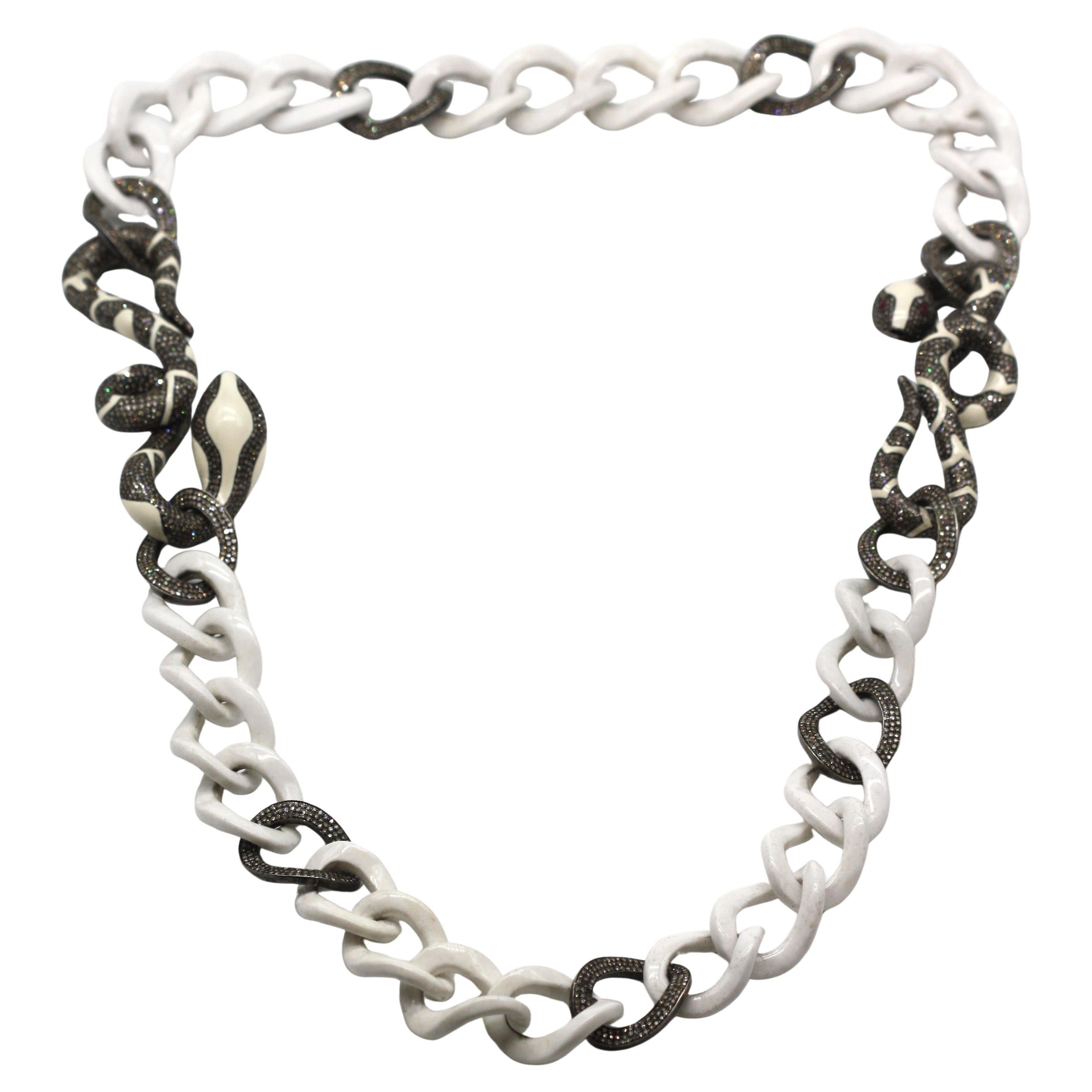A Striking White Ceramic and Diamond Serpent Necklace For Sale