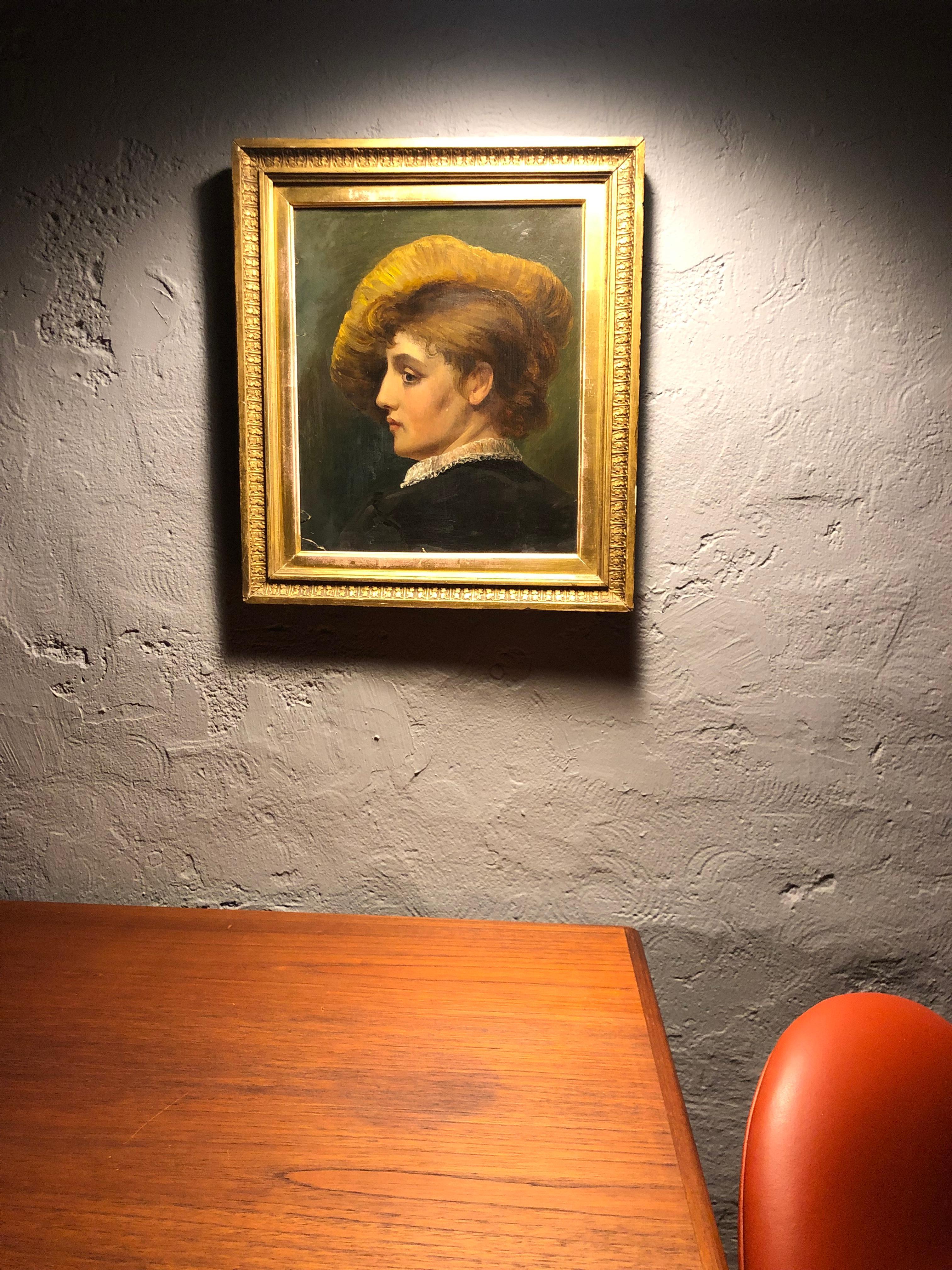 Peinture Magnifique portrait ancien d'une femme avec un chapeau en vente