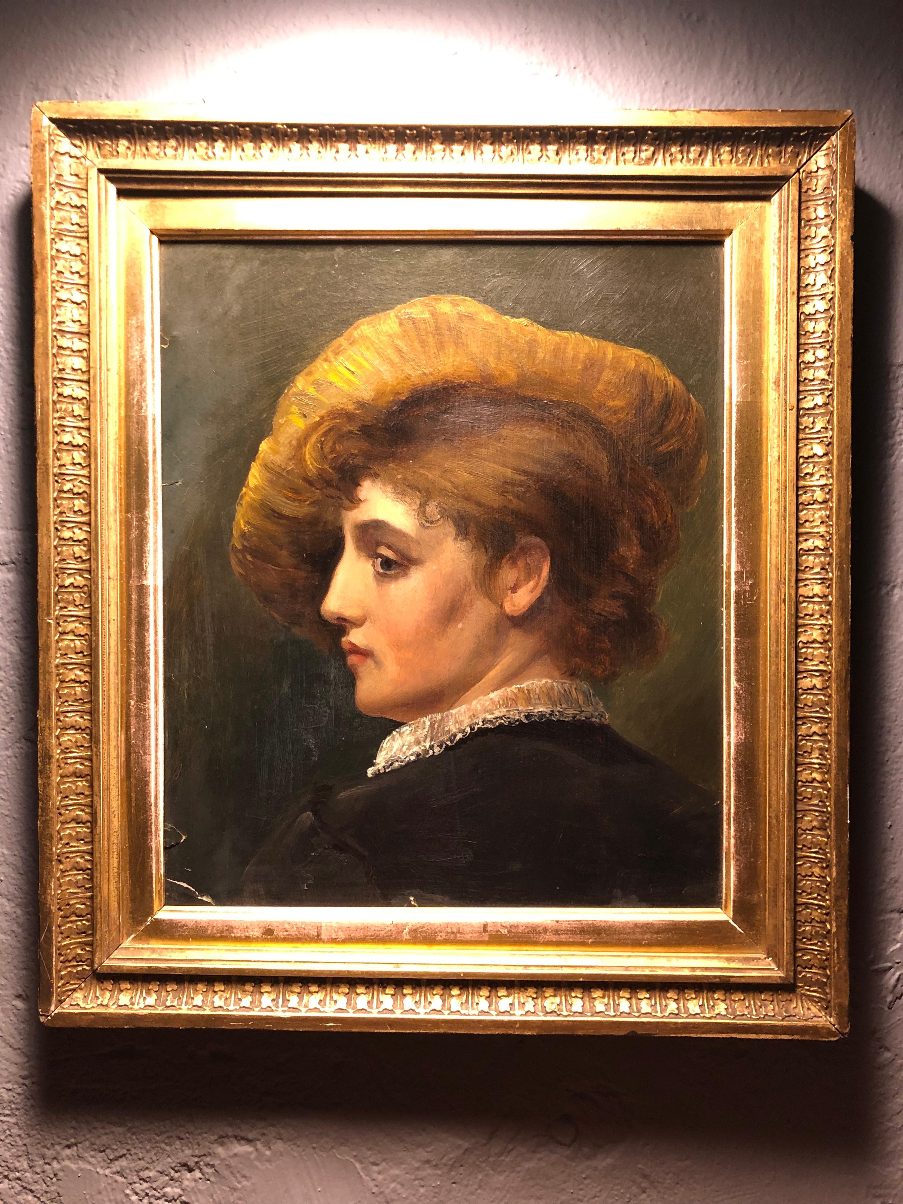 Magnifique portrait ancien d'une femme avec un chapeau en vente 5