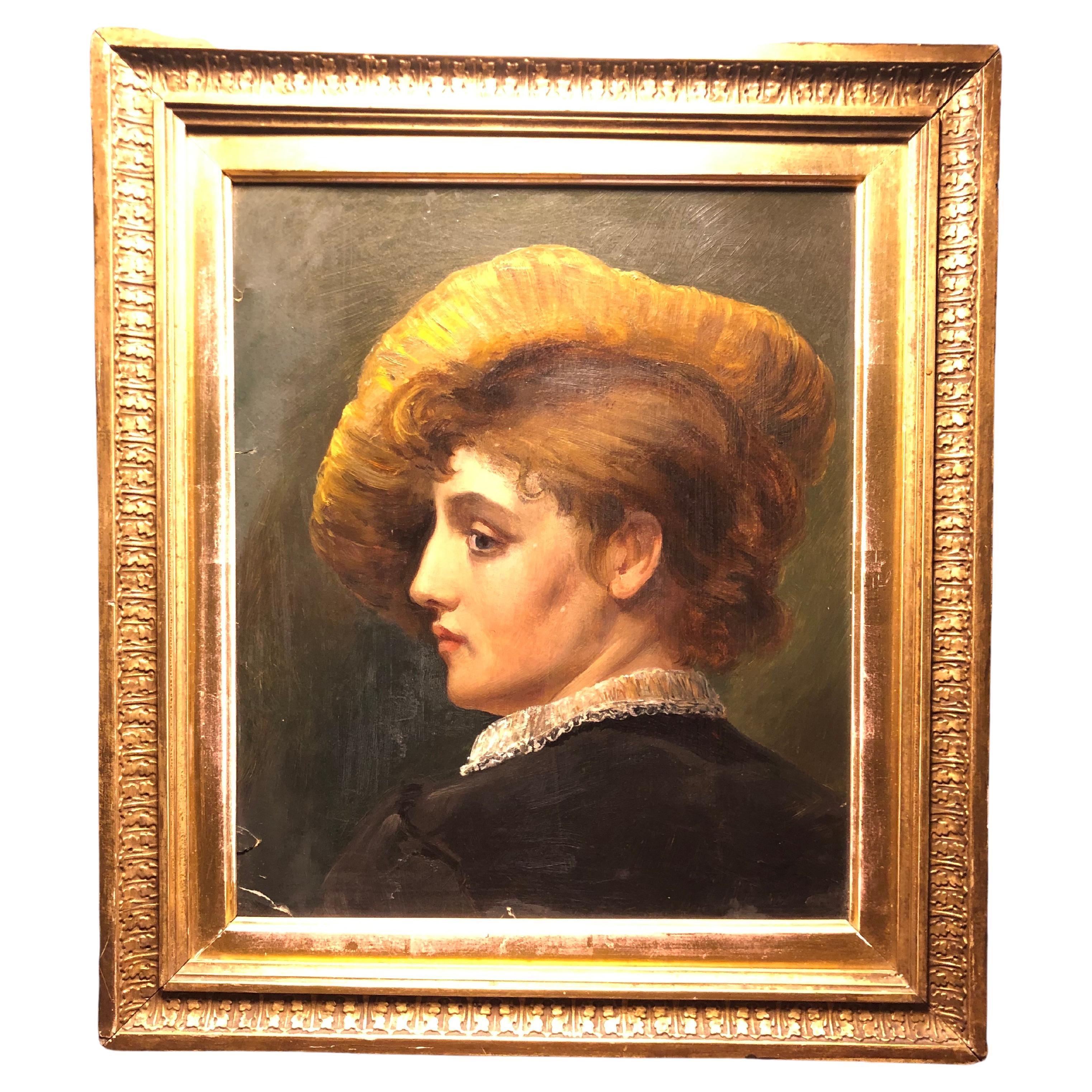 Auffallend schönes antikes Porträt einer Frau mit Hut im Angebot