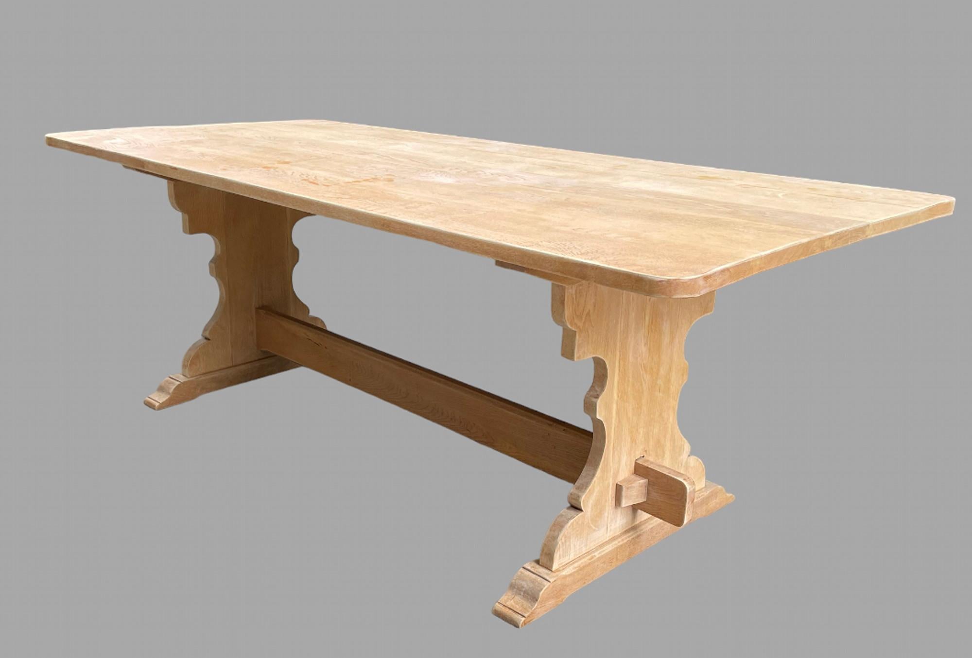 Mid-Century Modern Stripped Midcentury Oak Trestle Farmhouse Table