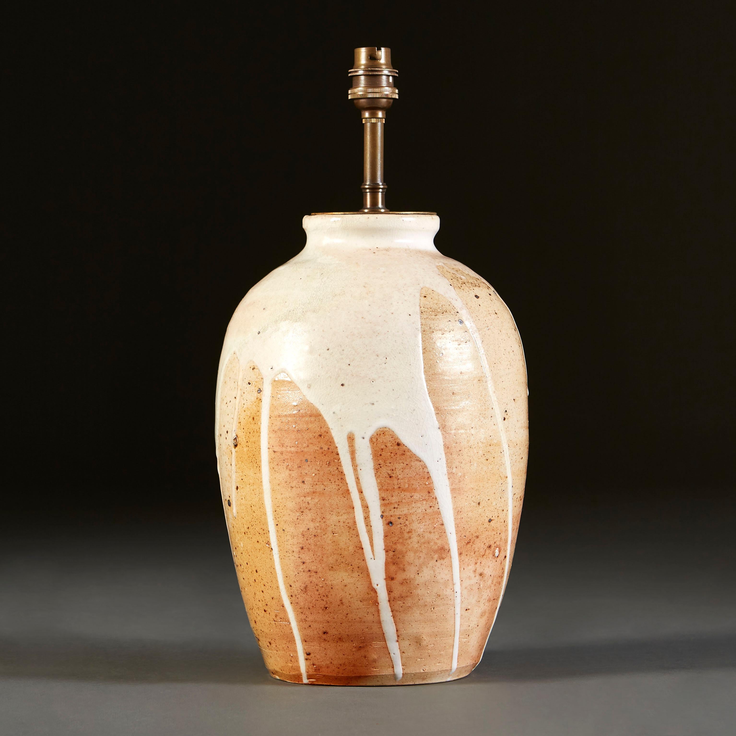 English Studio Pottery Vase with White Drip Glaze as a Lamp