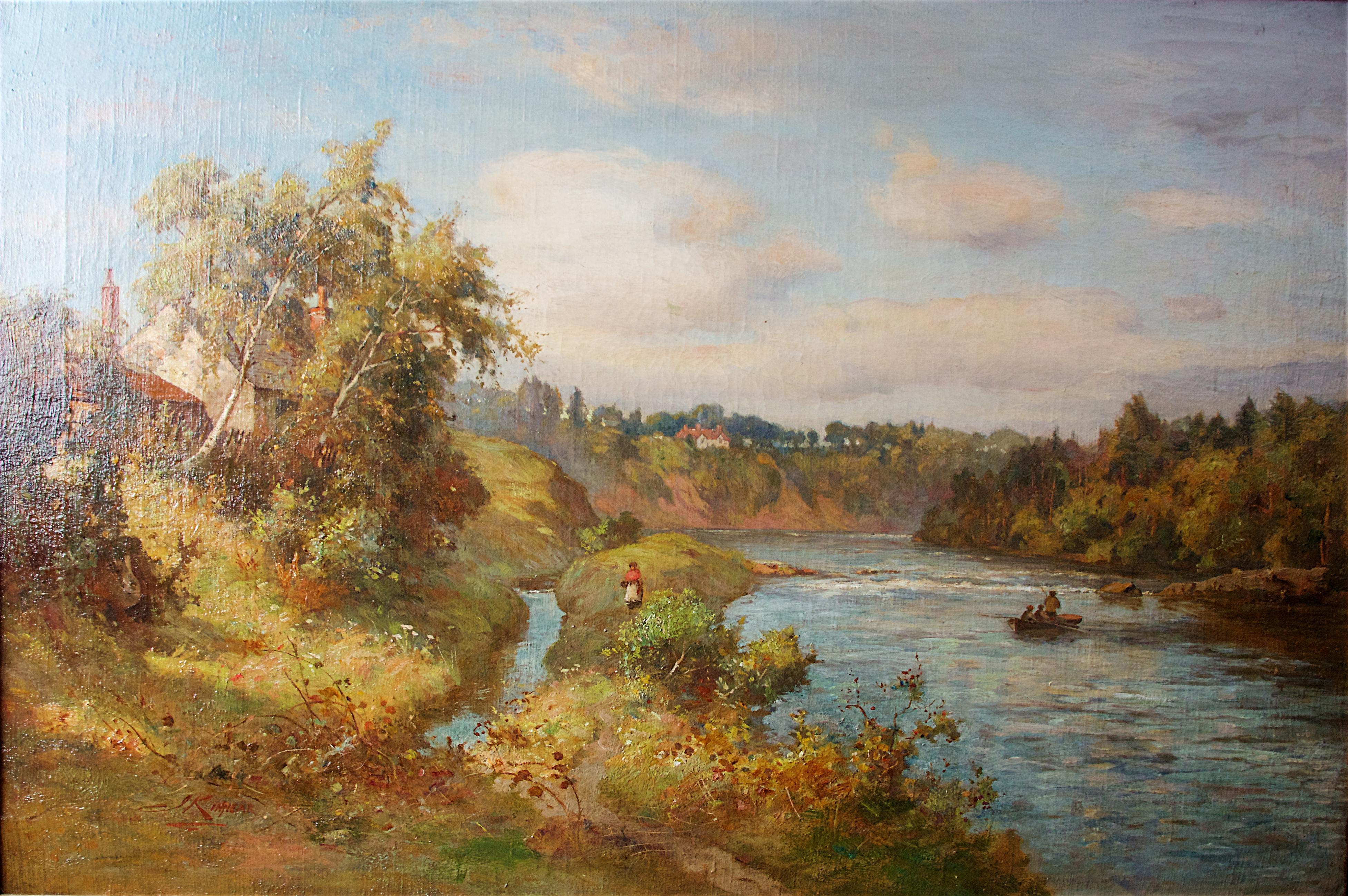 A study of an extensive river landscape by J. Kinnear. Oil on canvas in ornate gilt frame, signed lower left.
Edinburgh born James Kinnear exhibited at several institutes including The Glasgow Institute of Fine Arts and The Royal Institute of