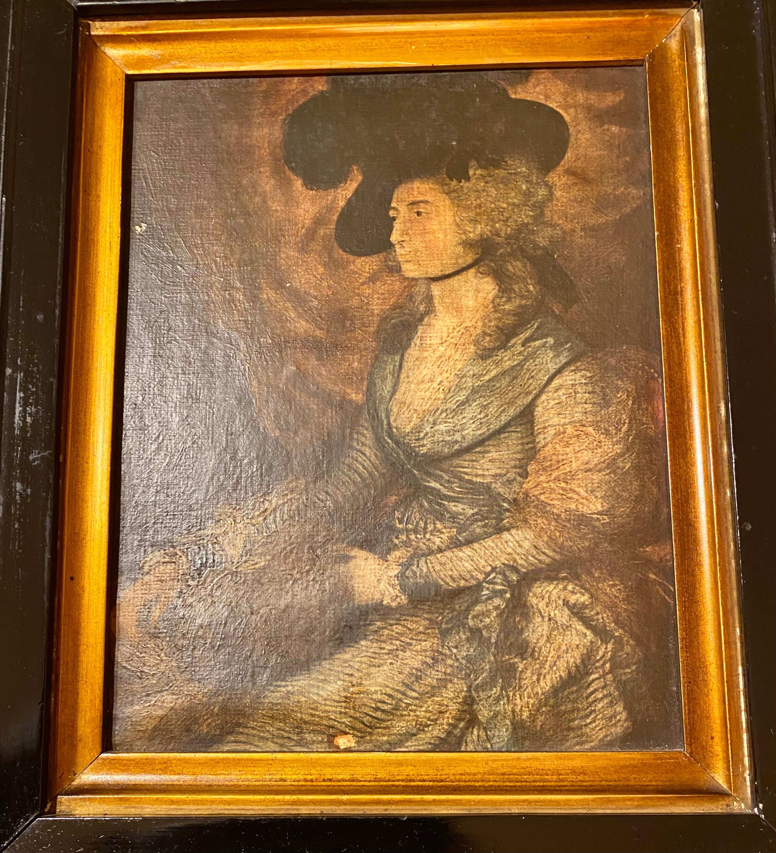 Encantador lienzo victoriano posterior con textura aplicada a la madera, estudio del retrato de tres cuartos de Thomas Gainsborough de la actriz galesa Sarah Siddons, presentado en un marco interior de madera tallada ebonizada de época con madera