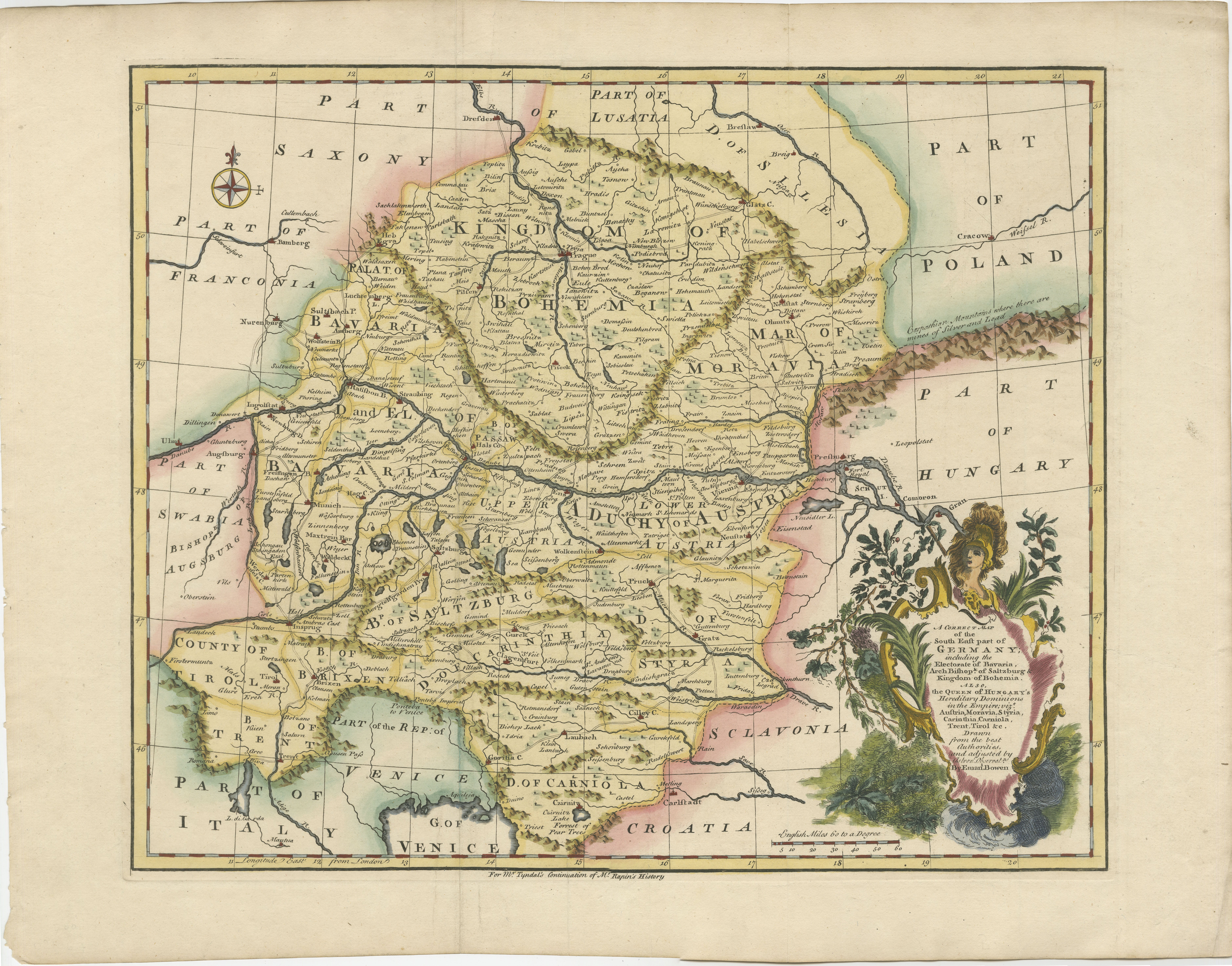 Title: A New and Correct Map of the South East part of Germany, 1744

This map by Emanuel Bowen, dating to around 1744, beautifully captures the southeastern part of Germany. The detailed hand-colored map spans from the Gulf of Venice in the south,