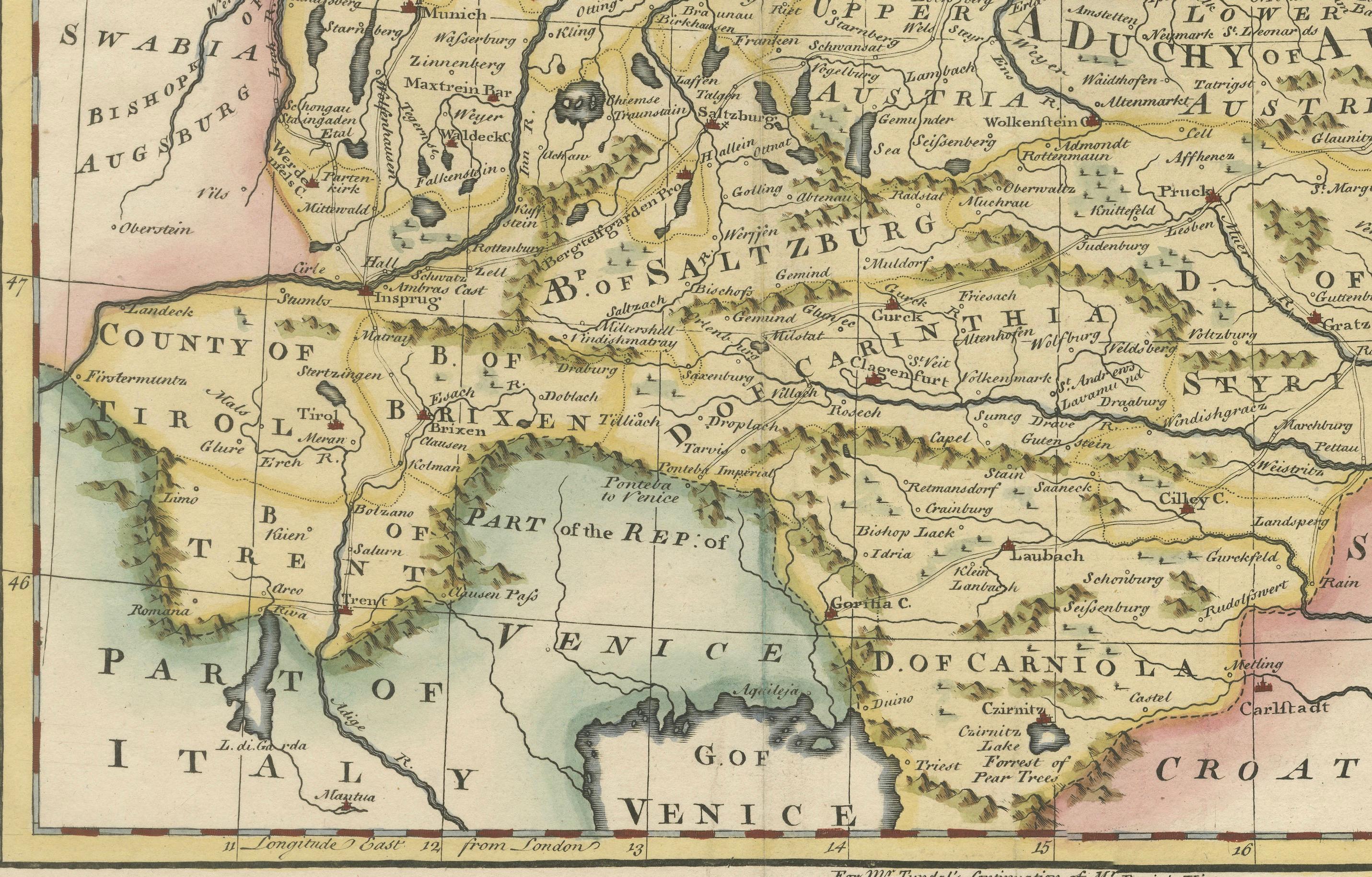 A Stunning 1744 Bowen Map: South East Germany & Queen of Hungary’s Dominions In Good Condition For Sale In Langweer, NL