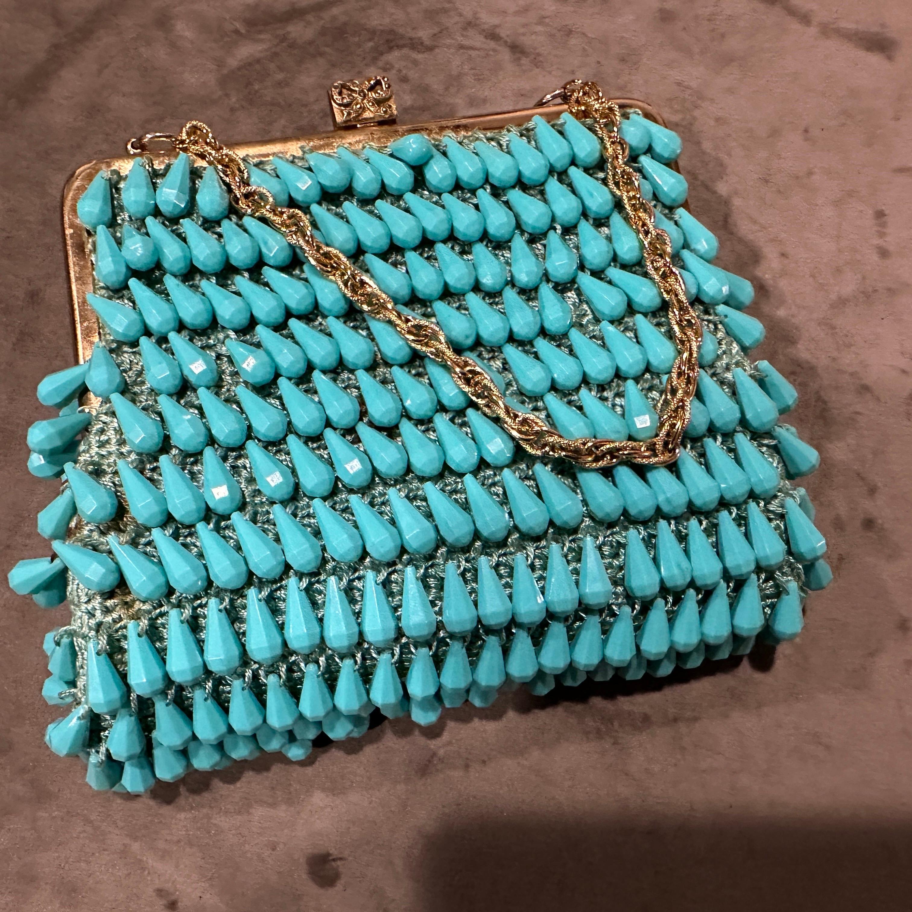 A Stunning 1960s High Quality Turquoise Resin and Brass Italian Evening Bag In Excellent Condition For Sale In Aci Castello, IT