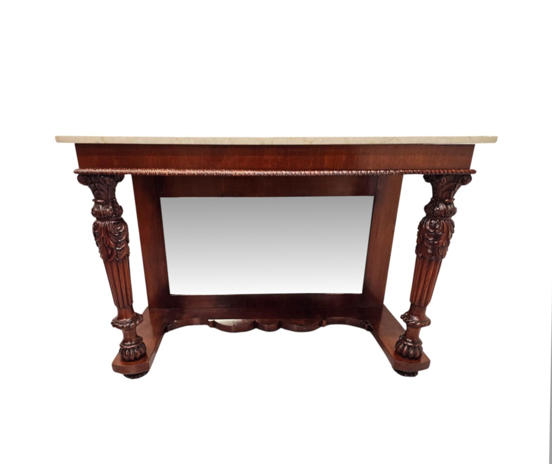 Glass 19th Century Marble Top Mirror Back Console Table For Sale