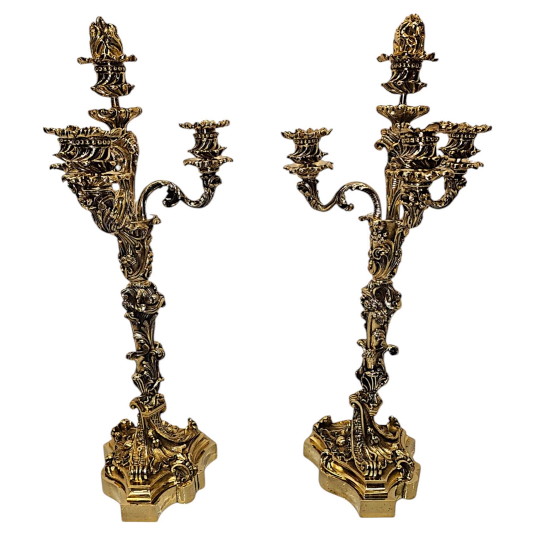 A Stunning 19th Century Pair of Fully Polished Brass Candelabra For Sale