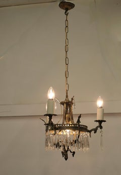 Brass and Crystal Chandelier, Arts and Crafts Style, Antique, 1920