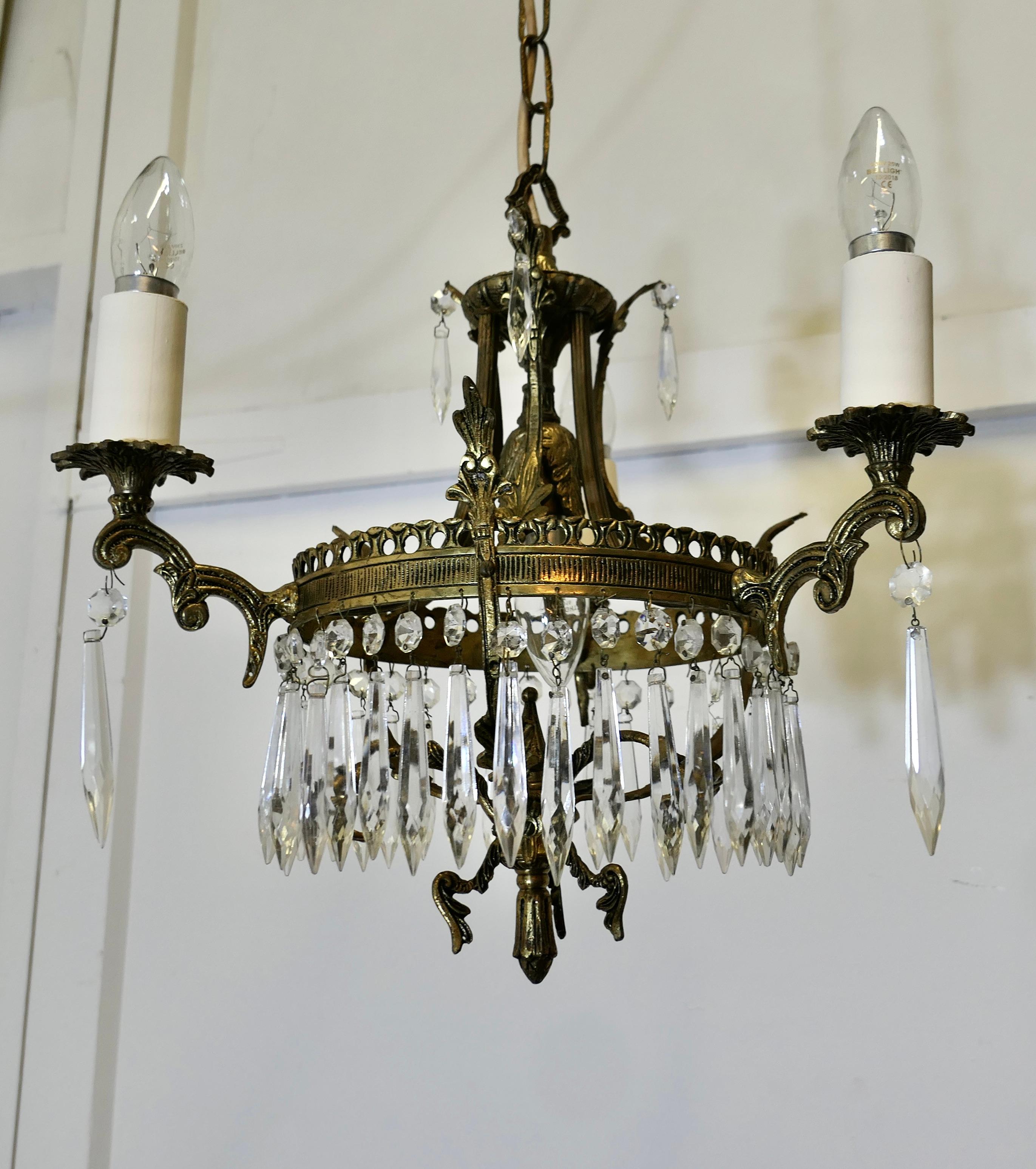 A Stunning 3 Branch Brass and Crystal Chandelier   This is excellent quality  For Sale 1