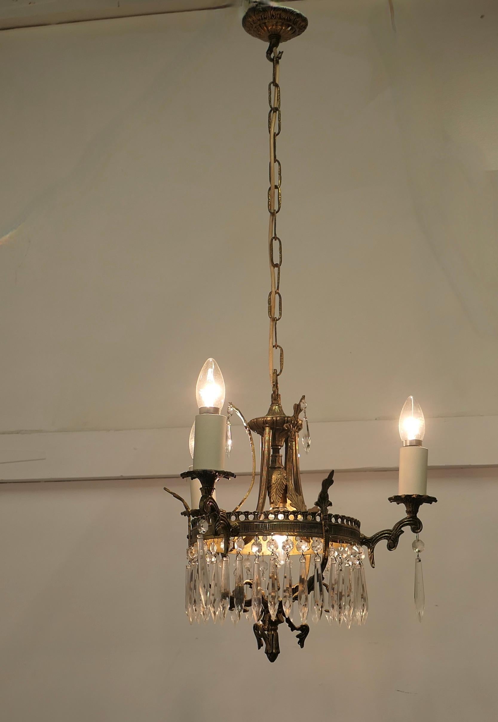 A Stunning 3 Branch Brass and Crystal Chandelier   This is excellent quality  For Sale 2