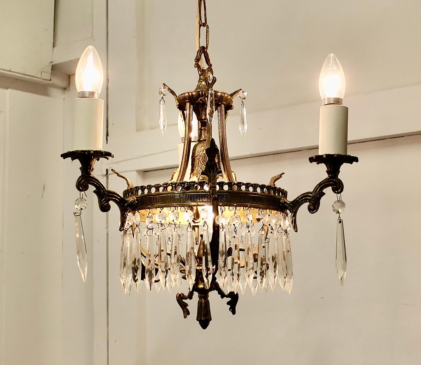 A Stunning 3 Branch Brass and Crystal Chandelier   This is excellent quality  For Sale 3
