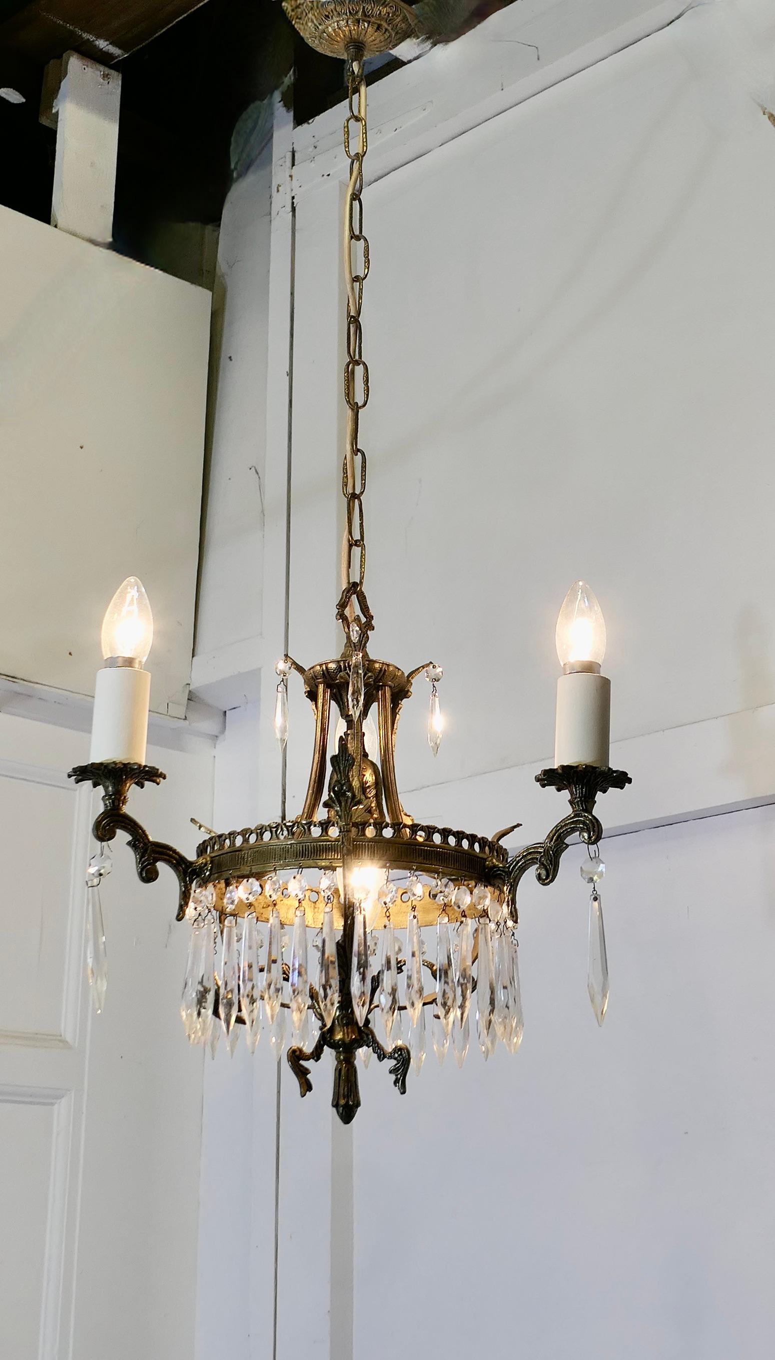 A Stunning 3 Branch Brass and Crystal Chandelier   This is excellent quality  For Sale 4