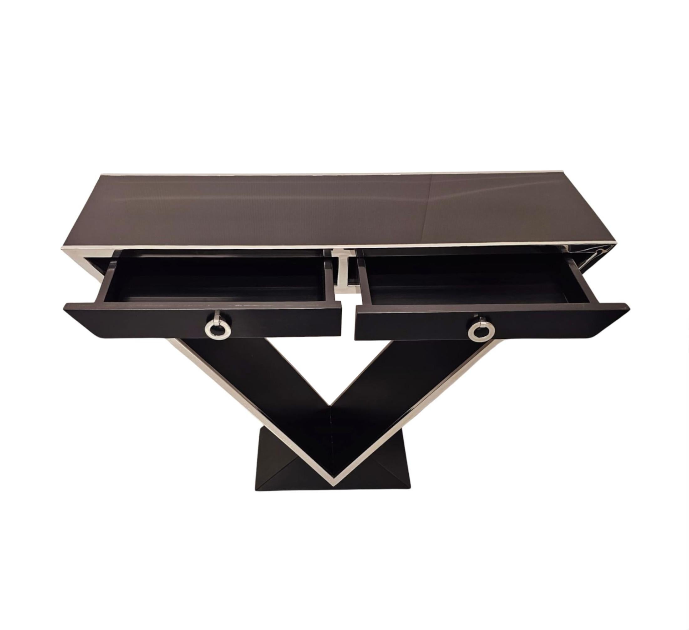 Contemporary  A Stunning Art Deco Style Black Laquered Timber and Chrome Console Table For Sale