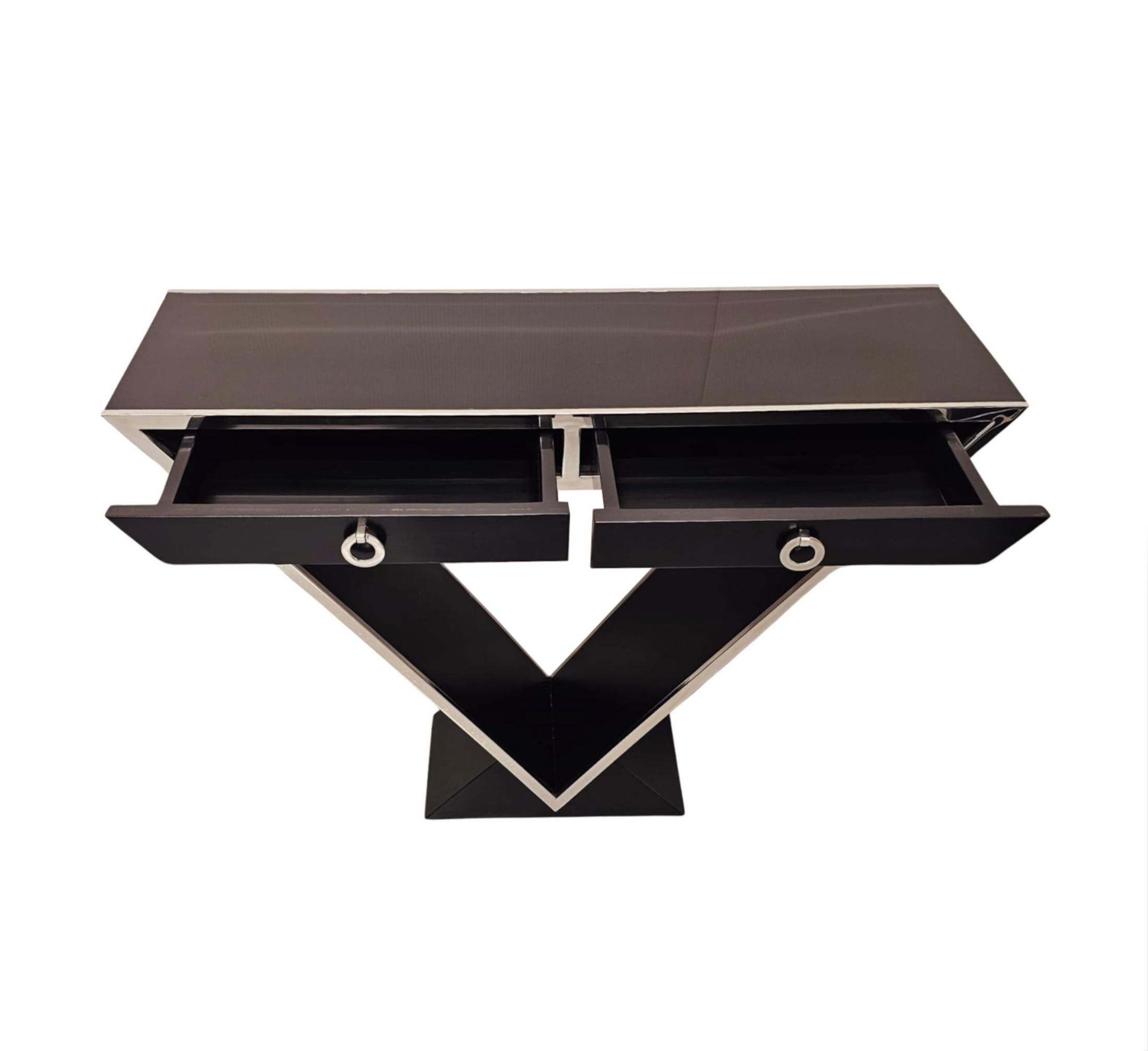 Contemporary A Stunning Art Deco Style Black Laquered Timber and Chrome Console Table For Sale