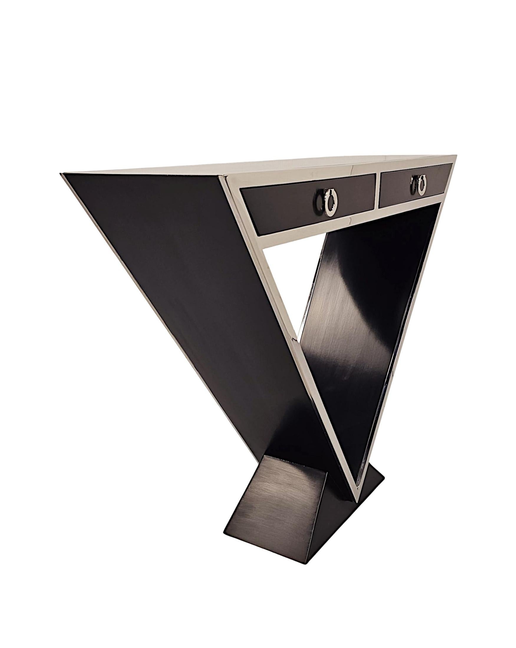 A Stunning Art Deco Style Black Laquered Timber and Chrome Console Table For Sale 1