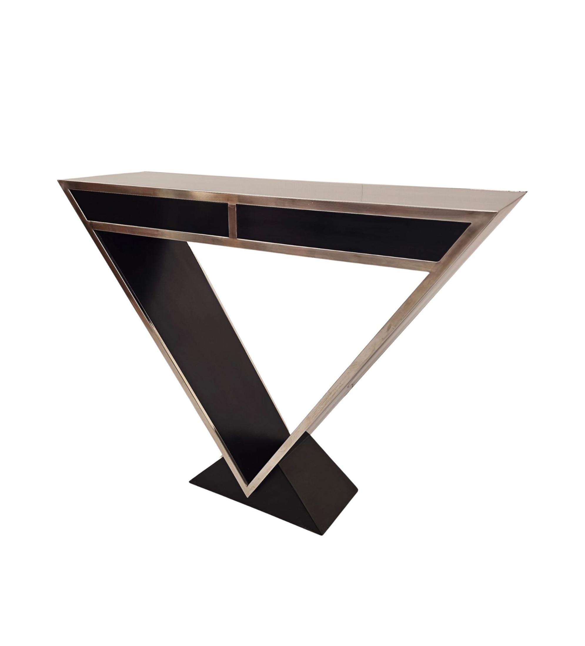  A Stunning Art Deco Style Black Laquered Timber and Chrome Console Table For Sale 2