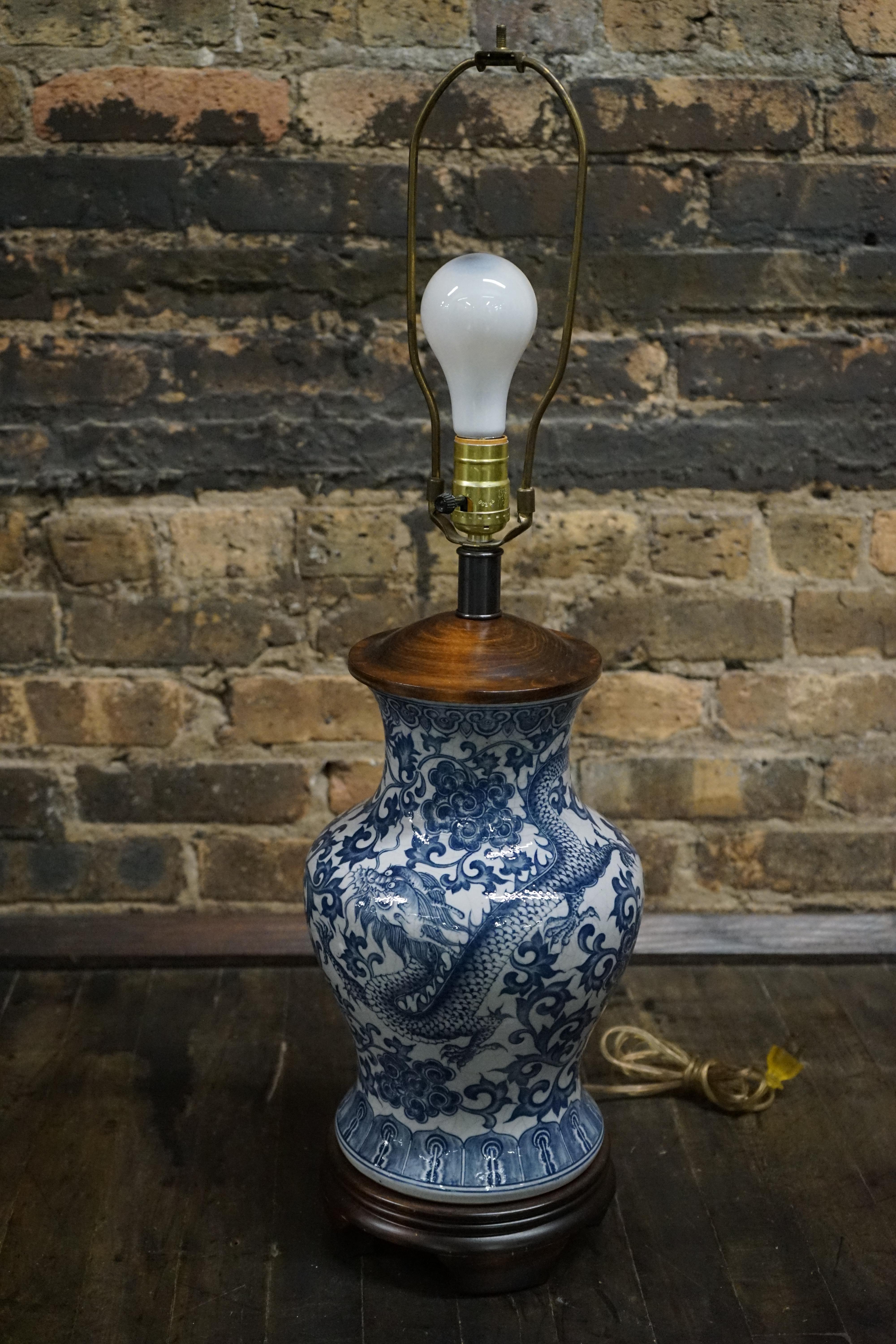 Chinoiserie A Stunning Blue and White Ginger Jar Lamp with Dragon Motif by Frederick Cooper For Sale