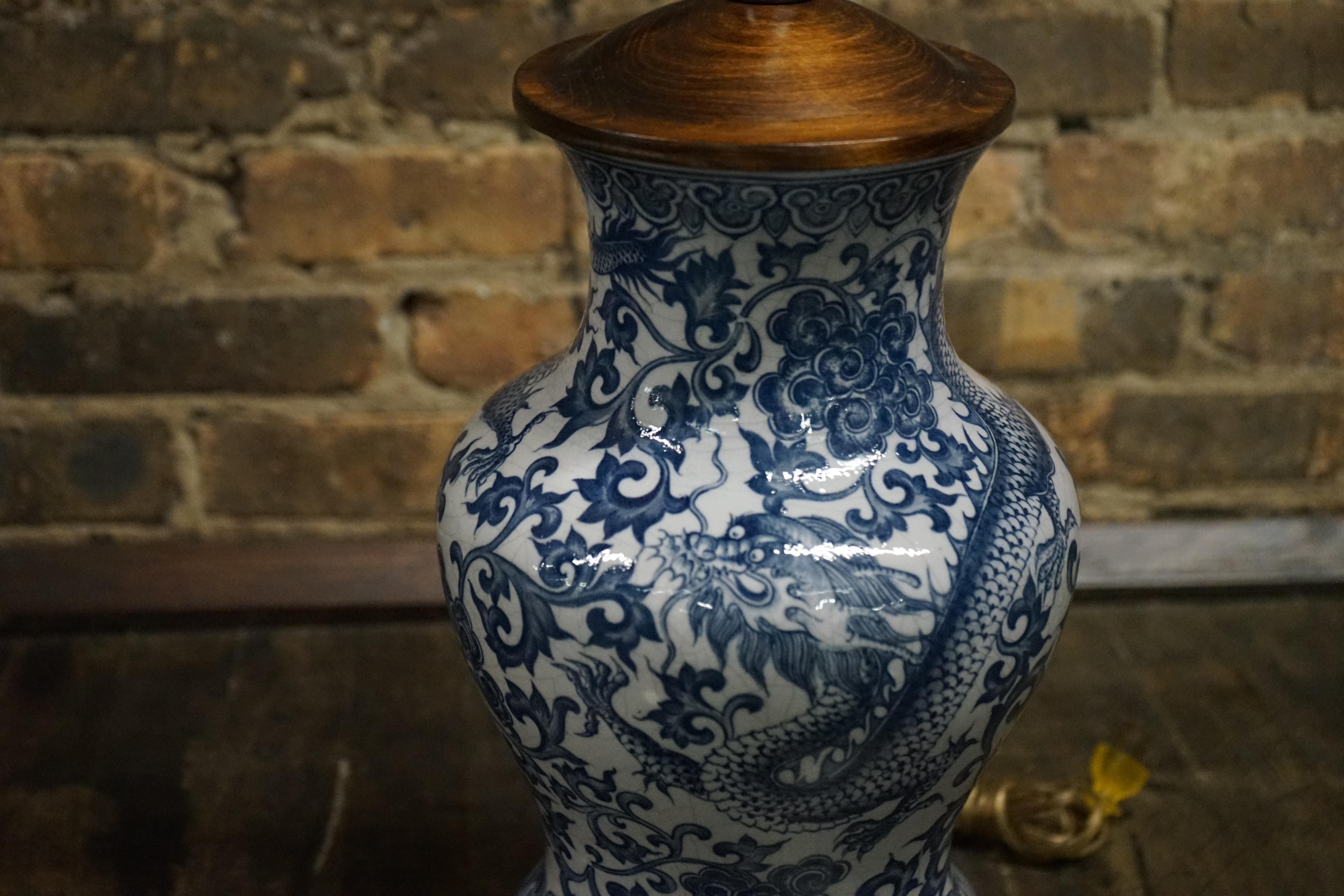 American A Stunning Blue and White Ginger Jar Lamp with Dragon Motif by Frederick Cooper For Sale