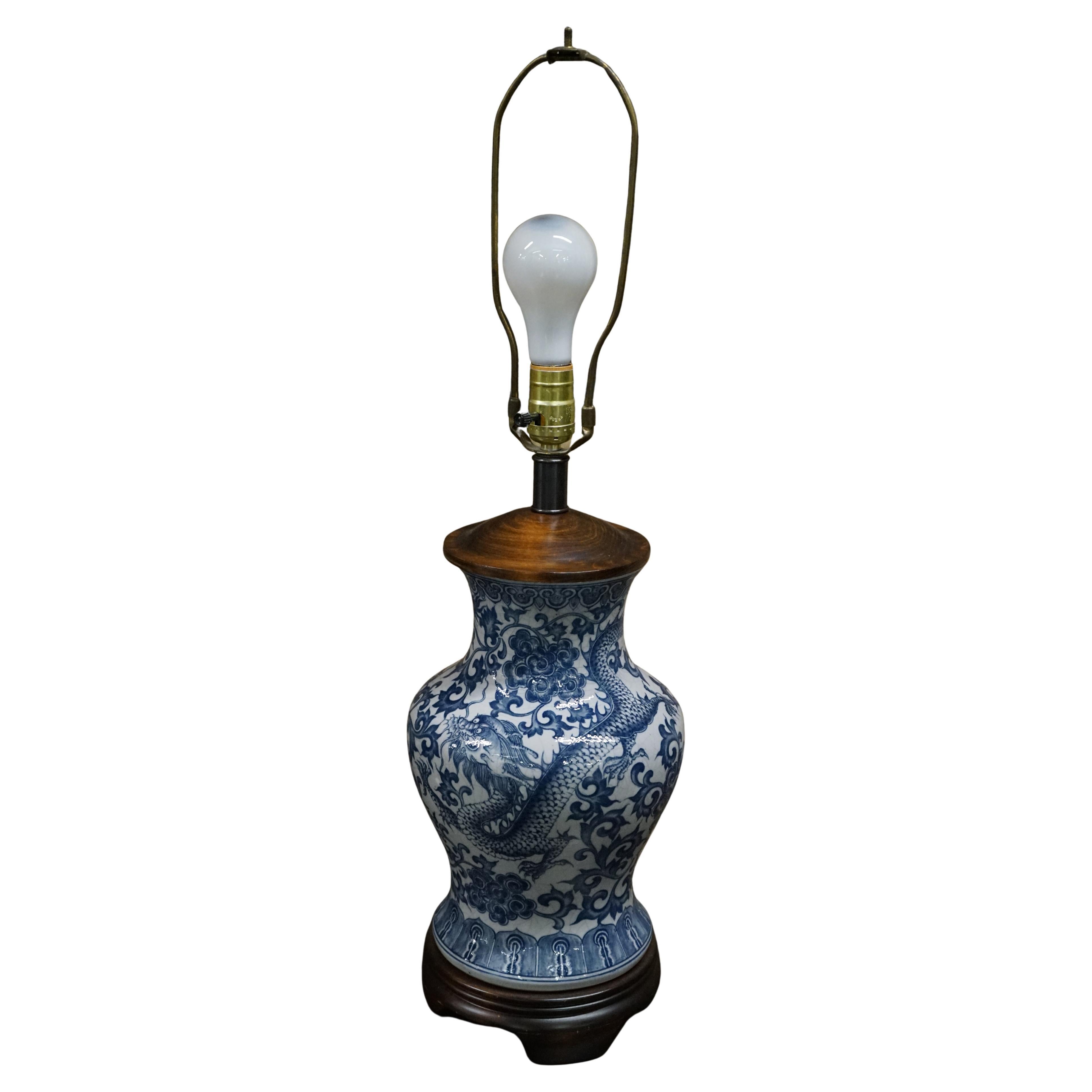 A Stunning Blue and White Ginger Jar Lamp with Dragon Motif by Frederick Cooper For Sale