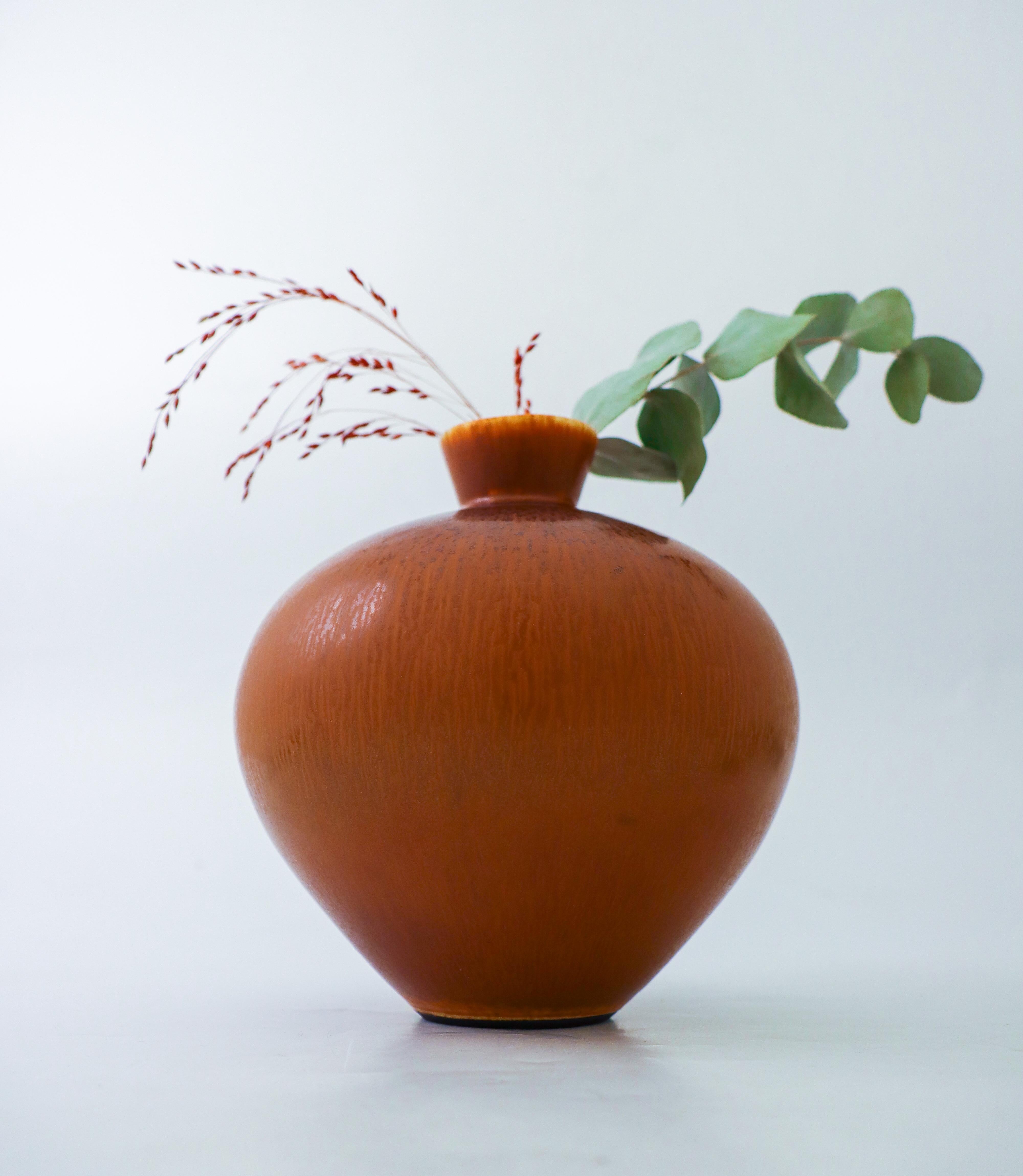 Scandinavian Modern A stunning Brown Ceramic Vase Har-fur glaze- Berndt Friberg - Gustavsberg 1977 For Sale