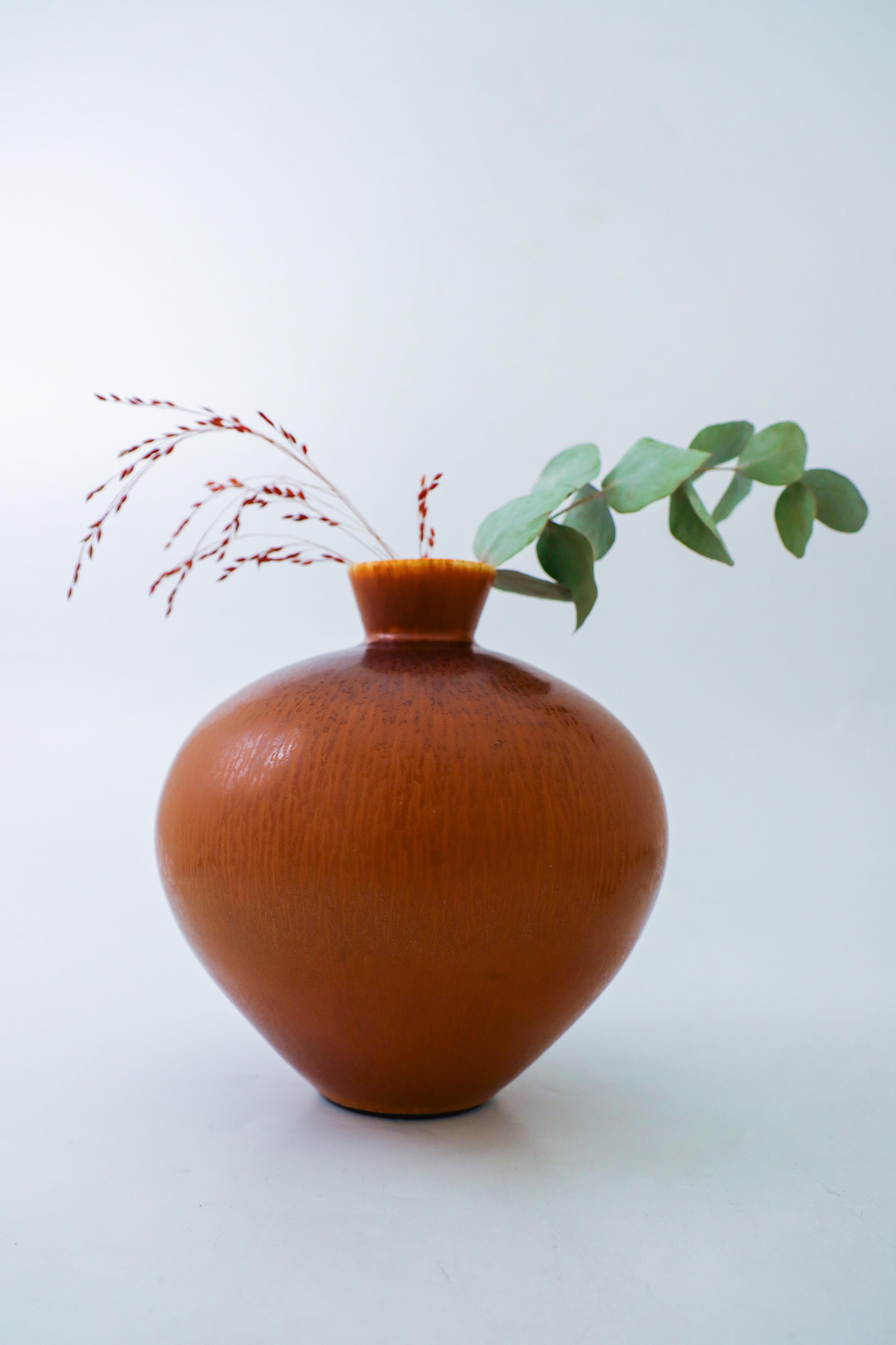Swedish A stunning Brown Ceramic Vase Har-fur glaze- Berndt Friberg - Gustavsberg 1977 For Sale