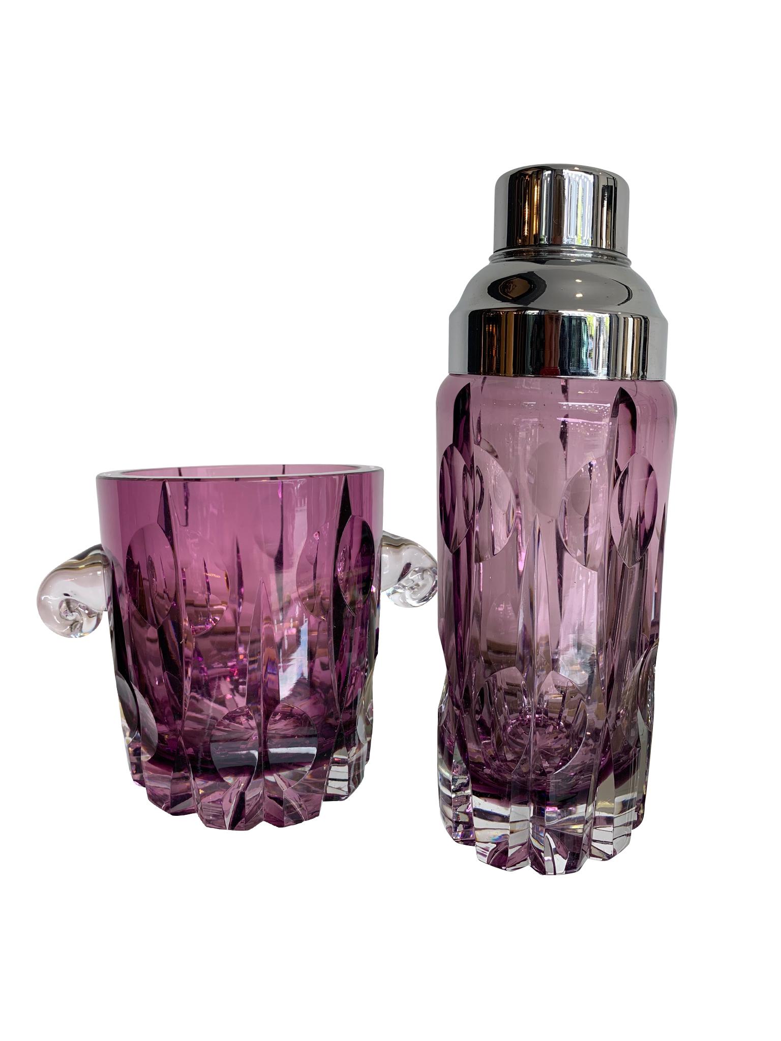 Superbe shaker à cocktail en cristal taillé avec seau à glace assorti en verre violet 4
