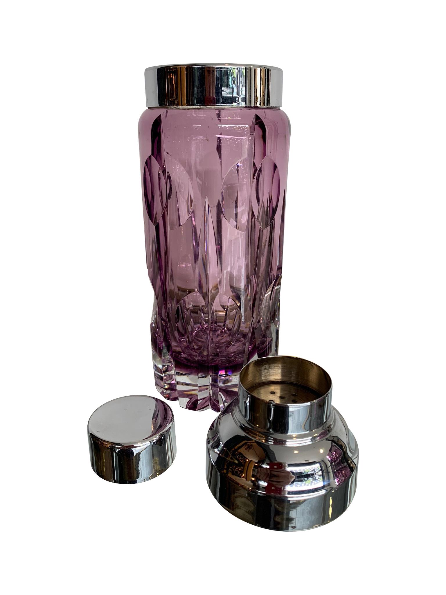 italien Superbe shaker à cocktail en cristal taillé avec seau à glace assorti en verre violet