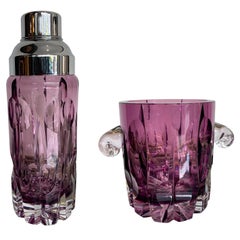 Superbe shaker à cocktail en cristal taillé avec seau à glace assorti en verre violet