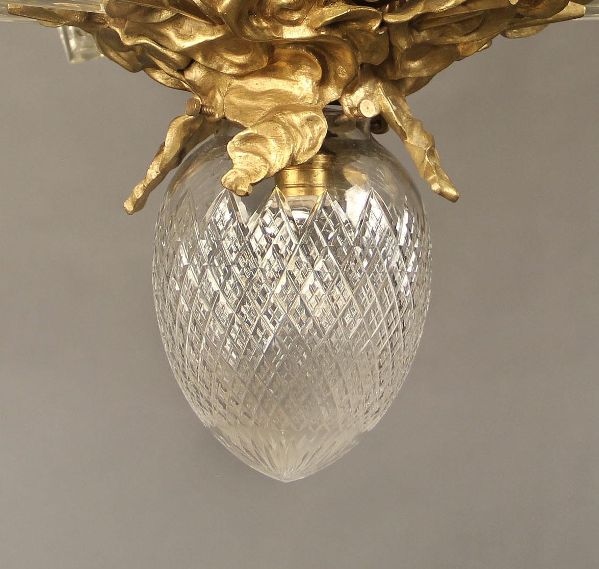 French A Stunning Early 20th Century Gilt Bronze and Crystal Plafonnier For Sale