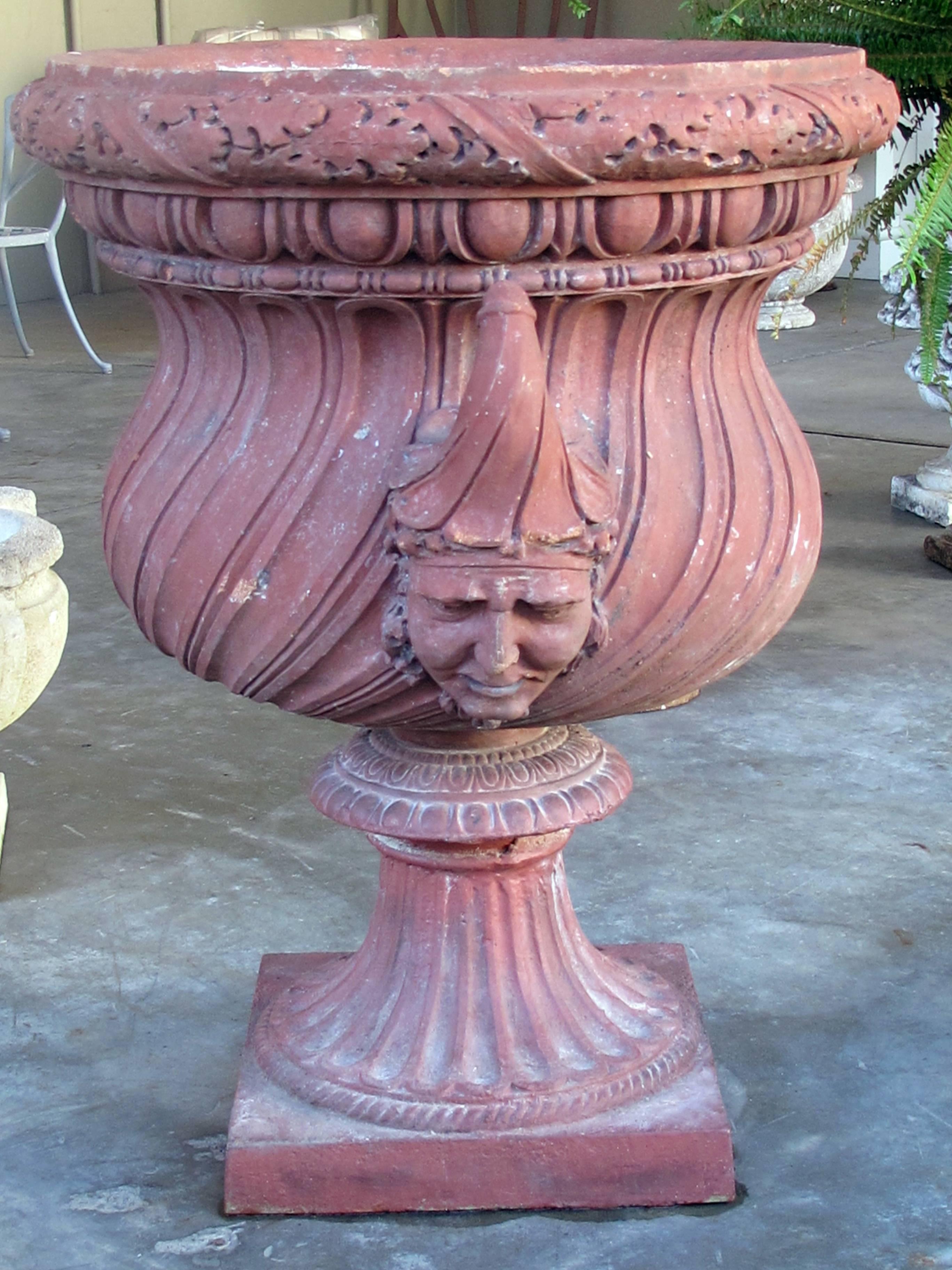 20th Century Stunning English Neoclassical Style Terracotta Garden Urn with Mask Handles For Sale