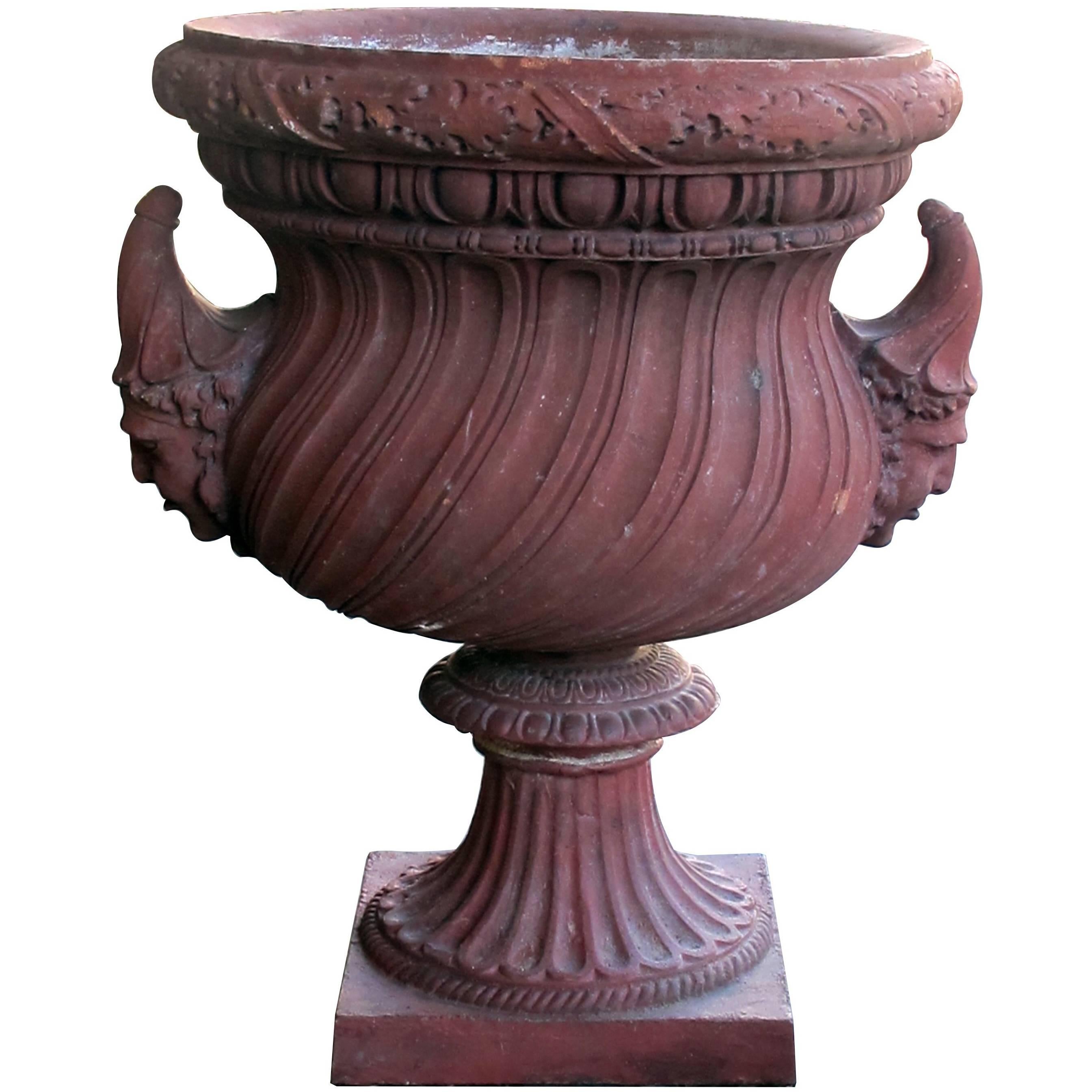 Stunning English Neoclassical Style Terracotta Garden Urn with Mask Handles For Sale