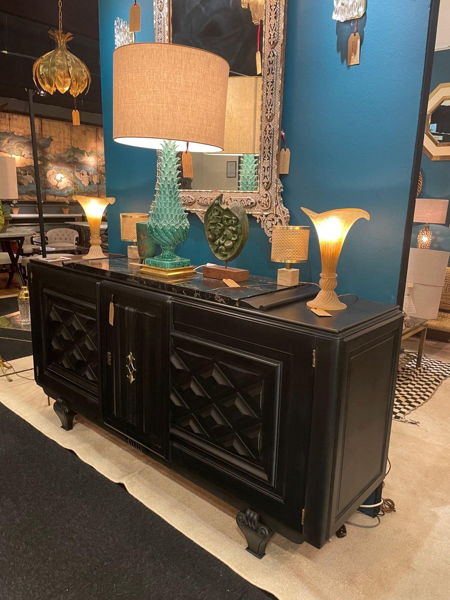 Stunning French 1940s Ebonized Oak Sideboard with Detailed Relief Doors For Sale 5