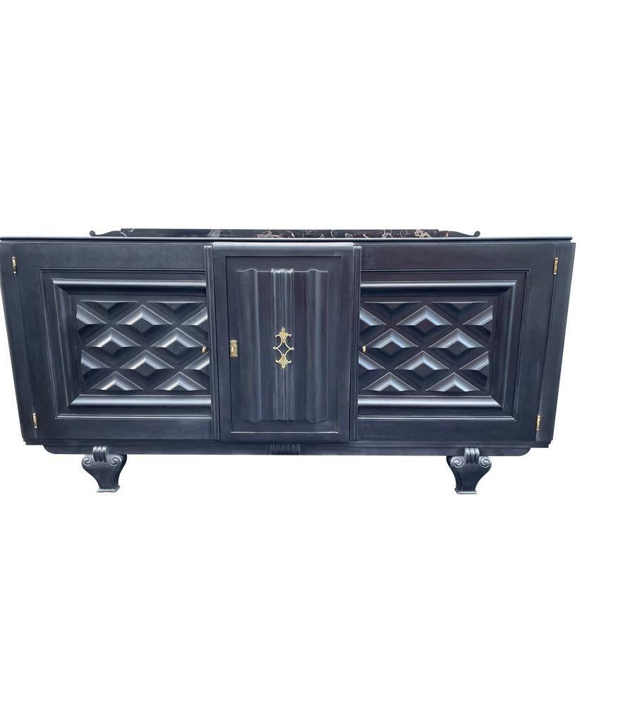 Stunning French 1940s Ebonized Oak Sideboard with Detailed Relief Doors For Sale 6